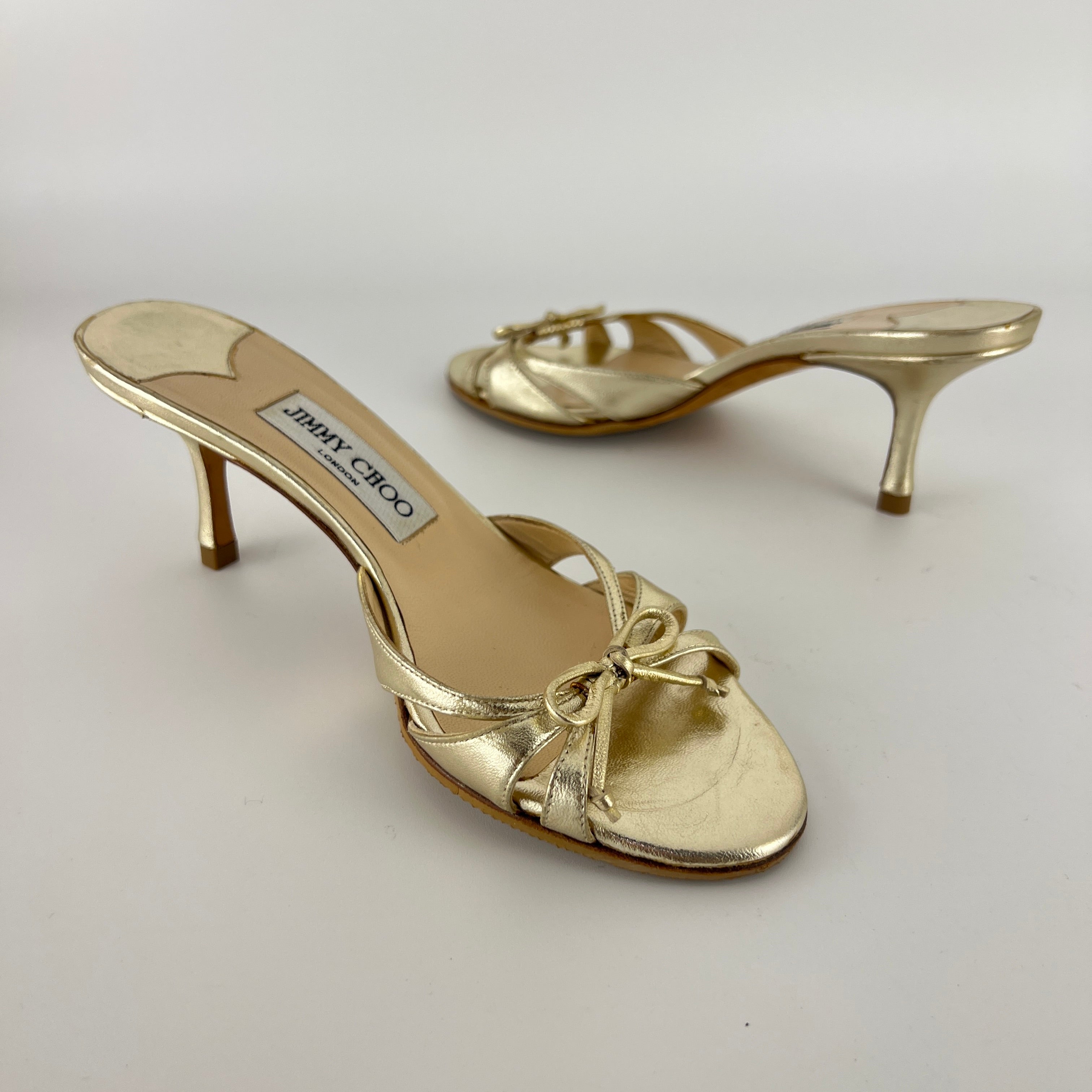 Jimmy Choo | Metallic Gold Ribbon Bow Strappy Kitten Heel Slide Mules (36)