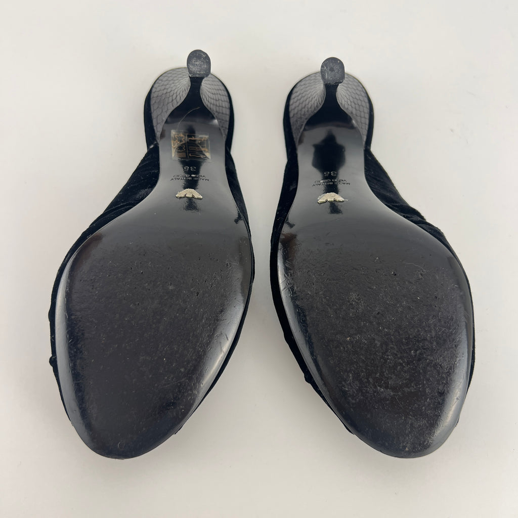 Armani | Black Velvet Crystal Brooch Slide Mules (36)