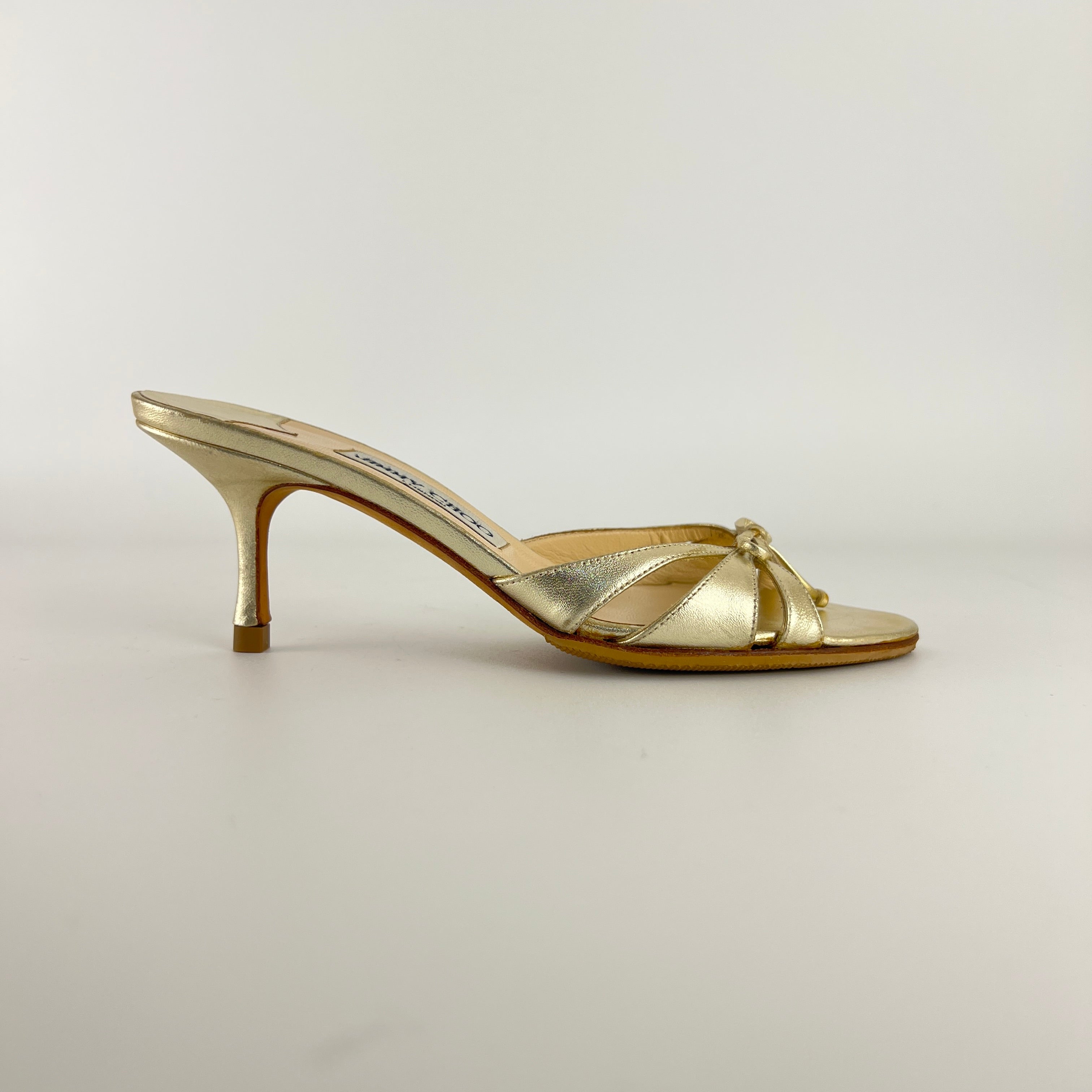 Jimmy Choo | Metallic Gold Ribbon Bow Strappy Kitten Heel Slide Mules (36)
