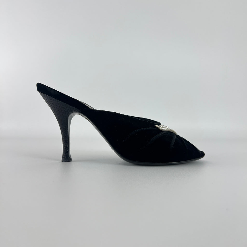 Armani | Black Velvet Crystal Brooch Slide Mules (36)