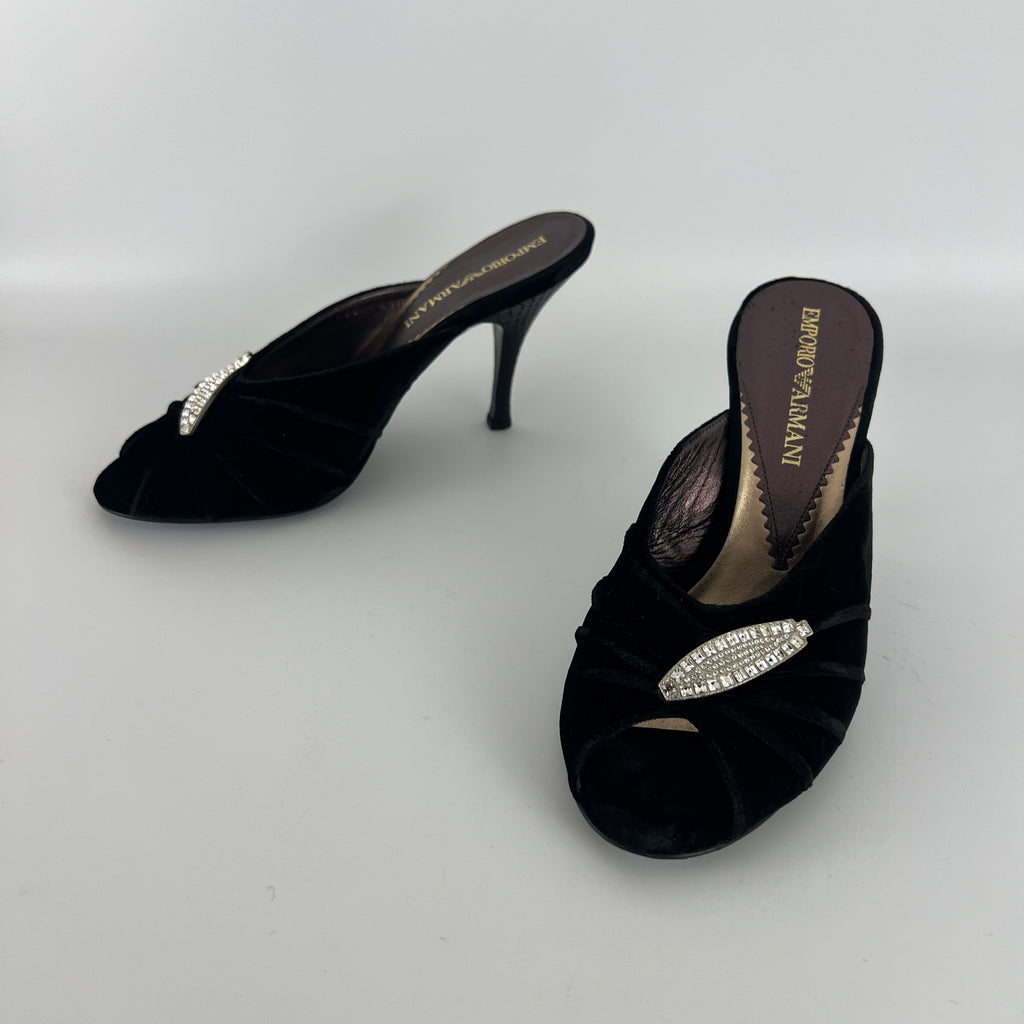 Armani | Black Velvet Crystal Brooch Slide Mules (36)