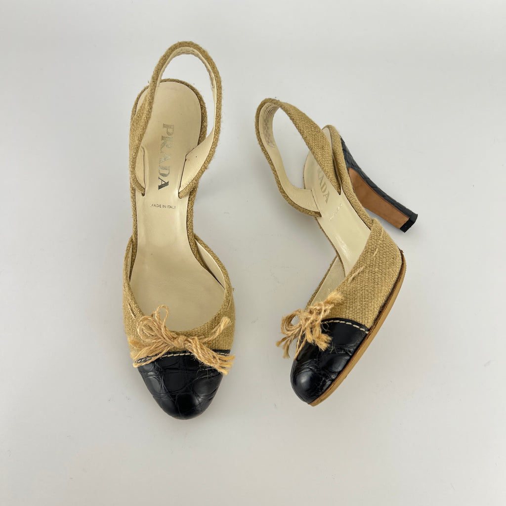 Prada | S/S 2004 Vintage Runway Look Burlap Black Leather Cap Slingback Heels (35)