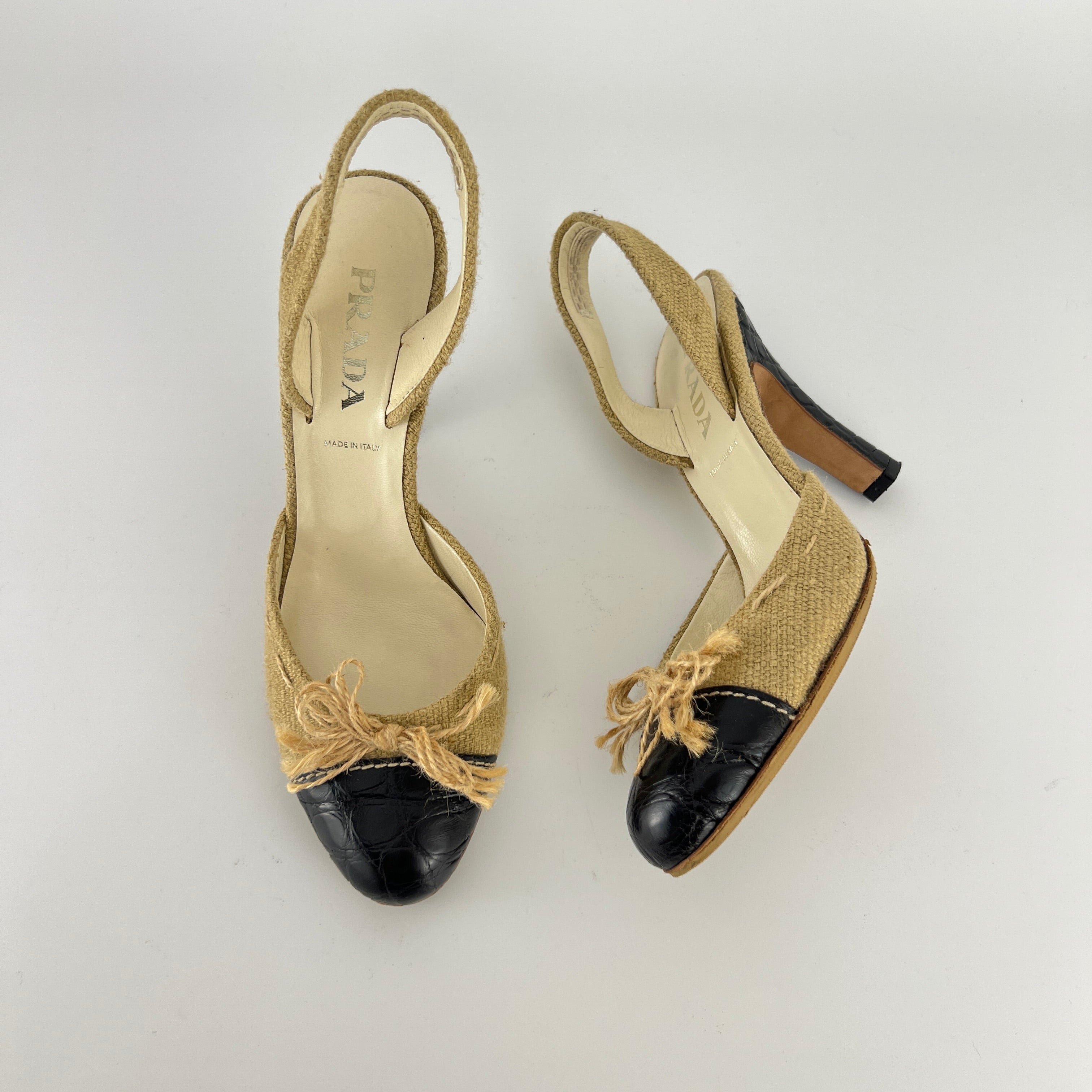 Prada | S/S 2004 Vintage Runway Look Burlap Black Leather Cap Slingback Heels (35)