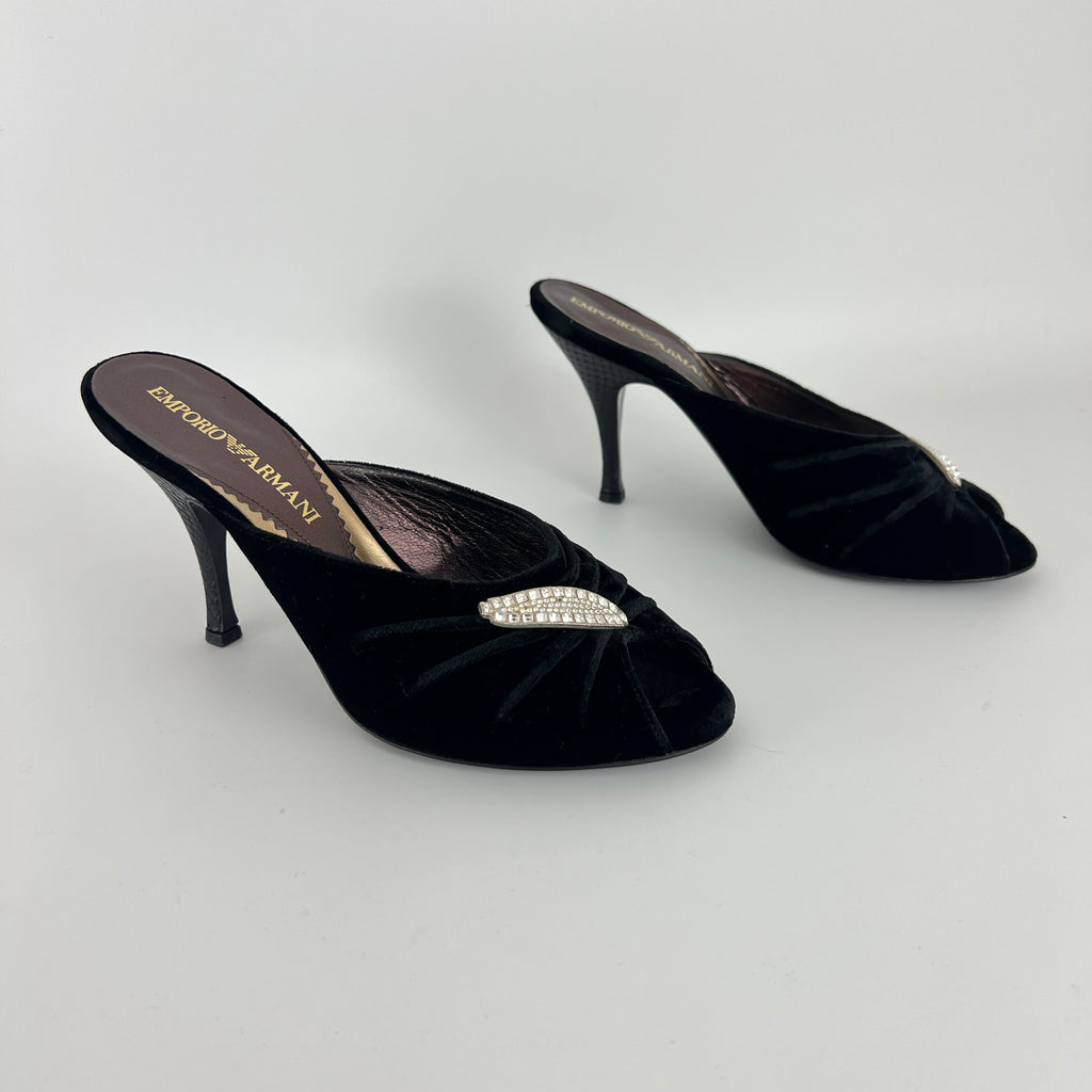 Armani | Black Velvet Crystal Brooch Slide Mules (36)