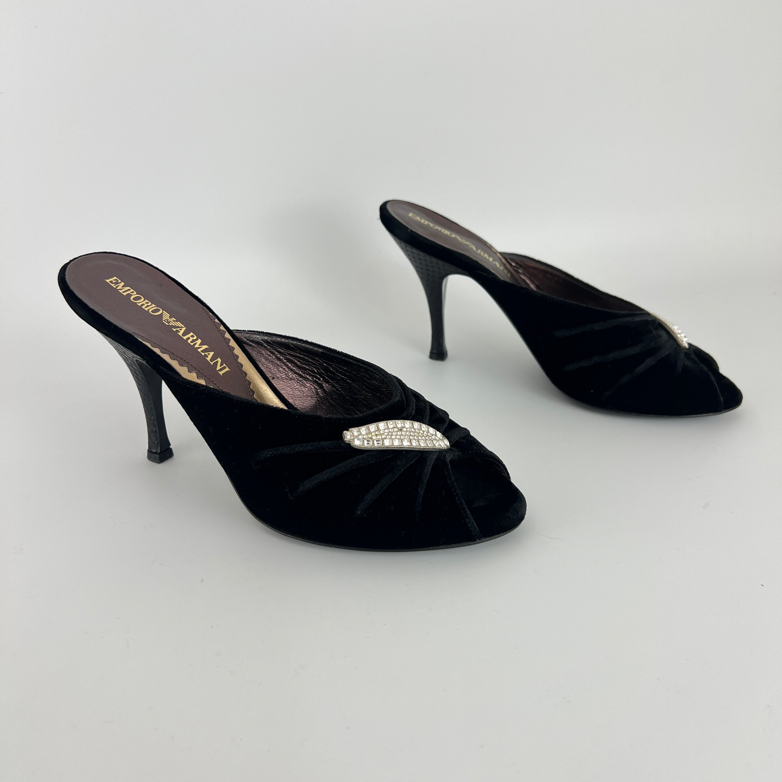 Armani | Black Velvet Crystal Brooch Slide Mules (36)