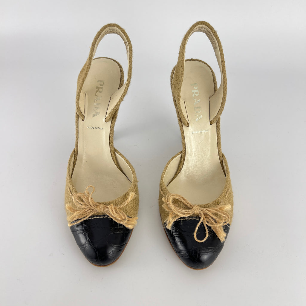 Prada | S/S 2004 Vintage Runway Look Burlap Black Leather Cap Slingback Heels (35)