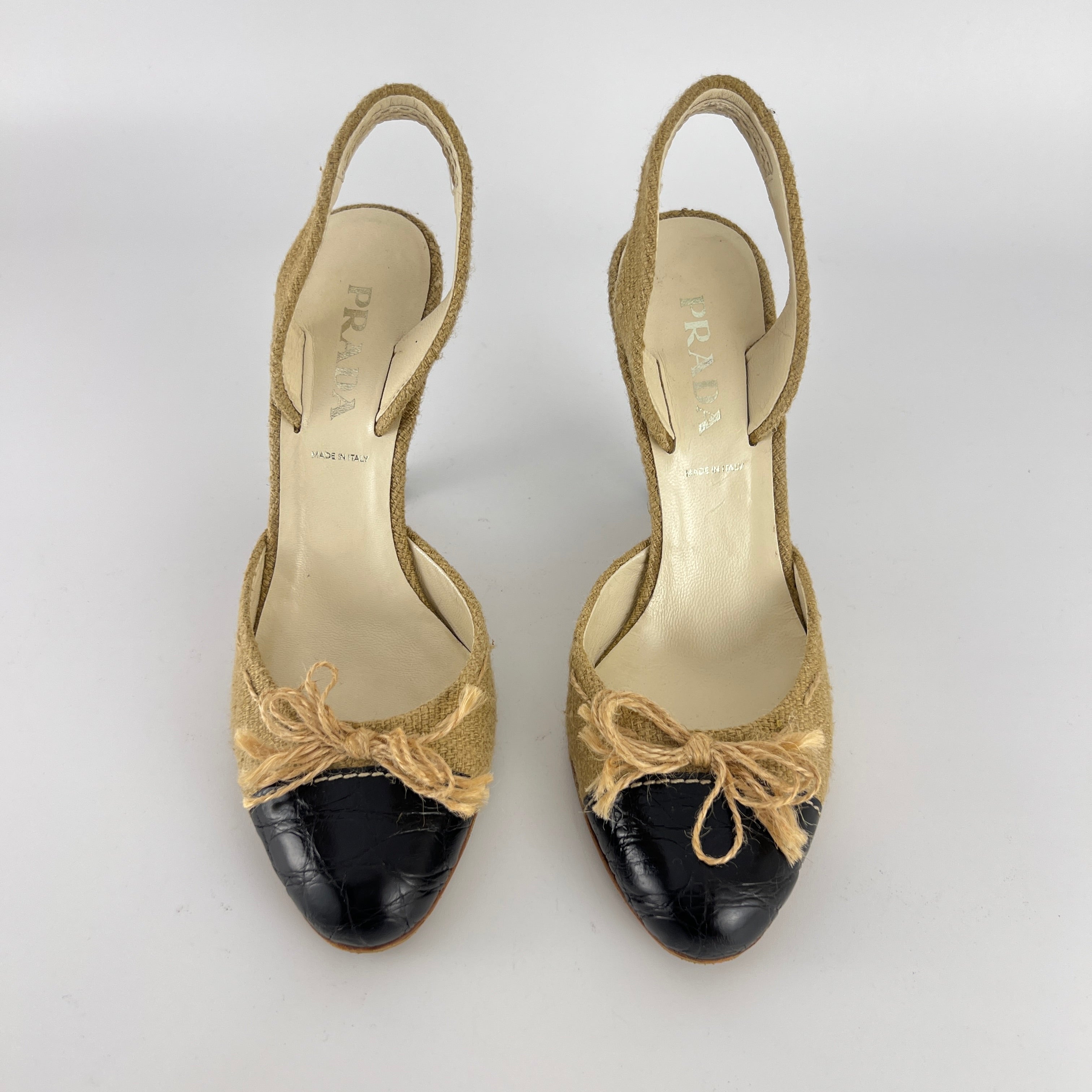 Prada | S/S 2004 Vintage Runway Look Burlap Black Leather Cap Slingback Heels (35)