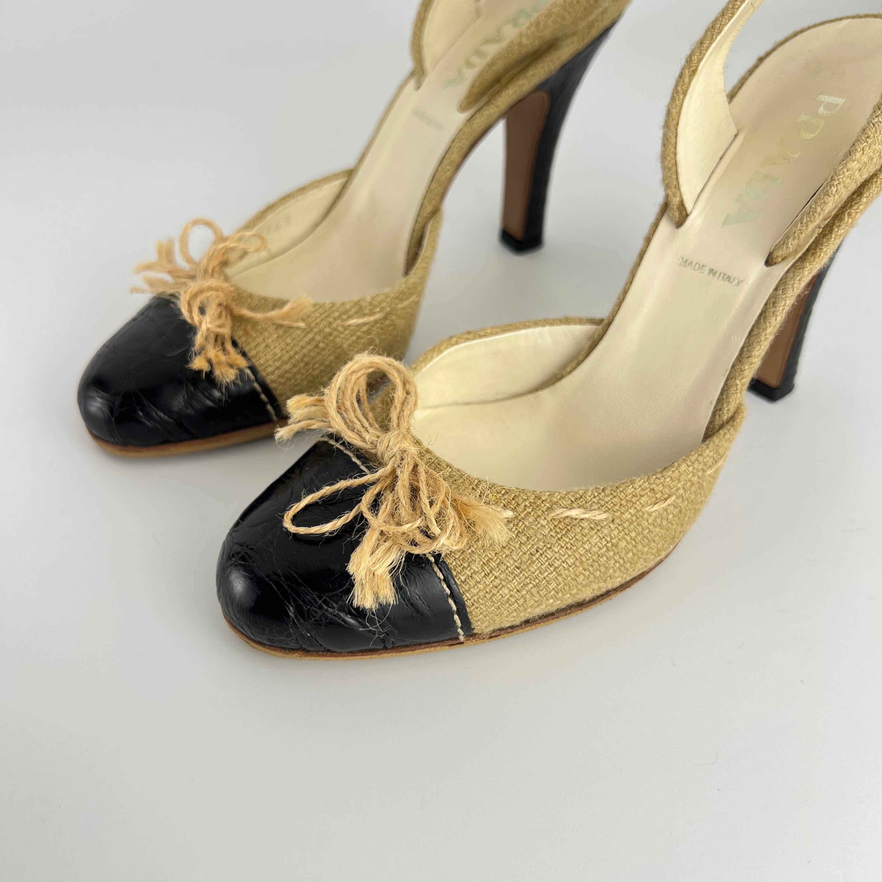Prada | S/S 2004 Vintage Runway Look Burlap Black Leather Cap Slingback Heels (35)