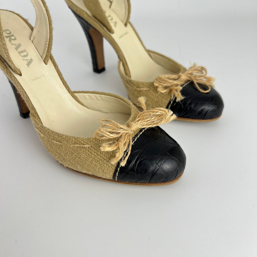 Prada | S/S 2004 Vintage Runway Look Burlap Black Leather Cap Slingback Heels (35)