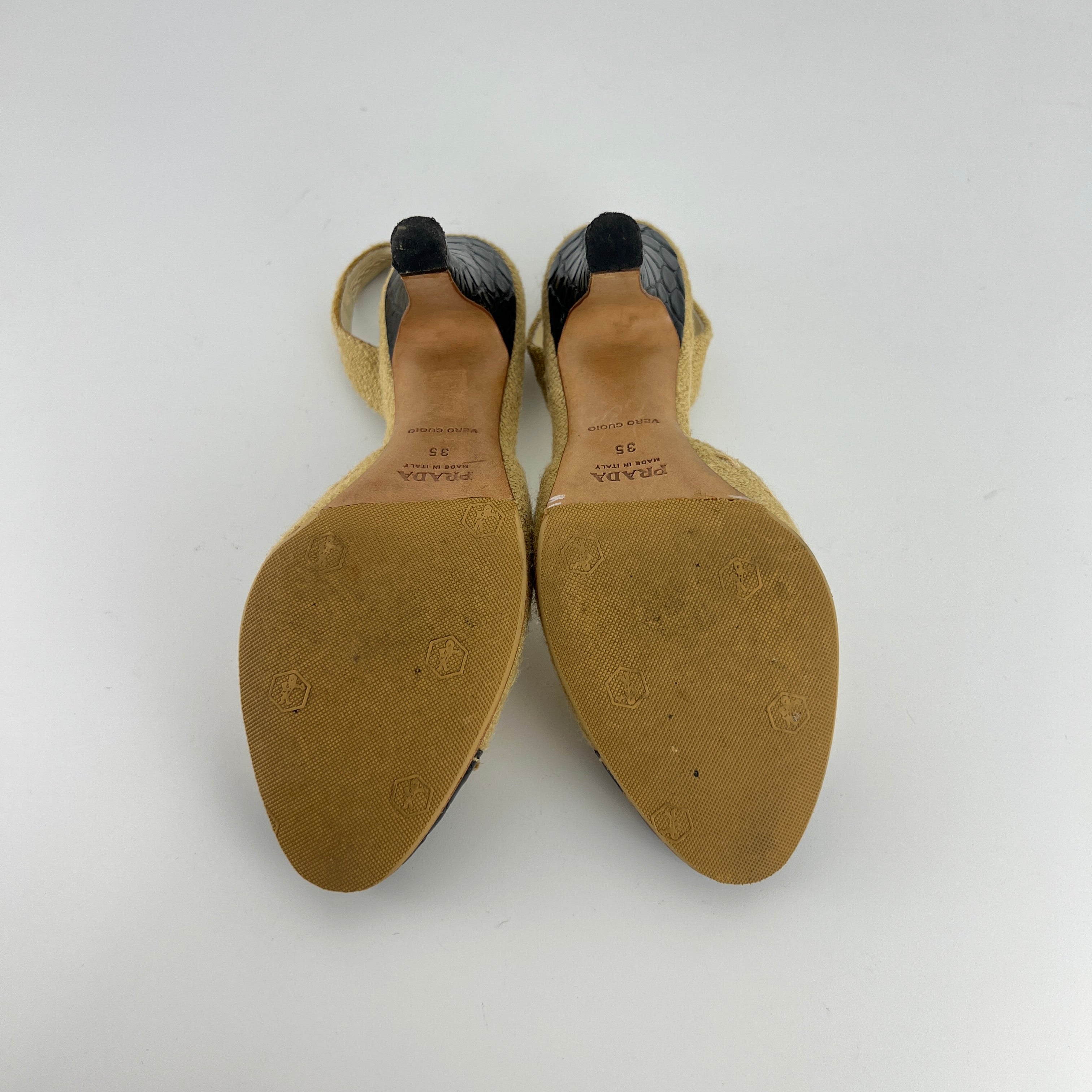 Prada | S/S 2004 Vintage Runway Look Burlap Black Leather Cap Slingback Heels (35)