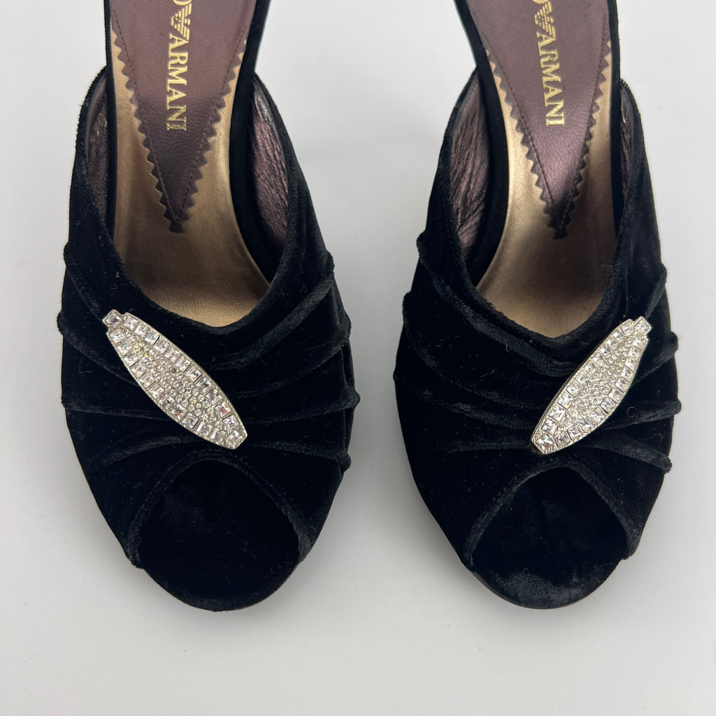 Armani | Black Velvet Crystal Brooch Slide Mules (36)