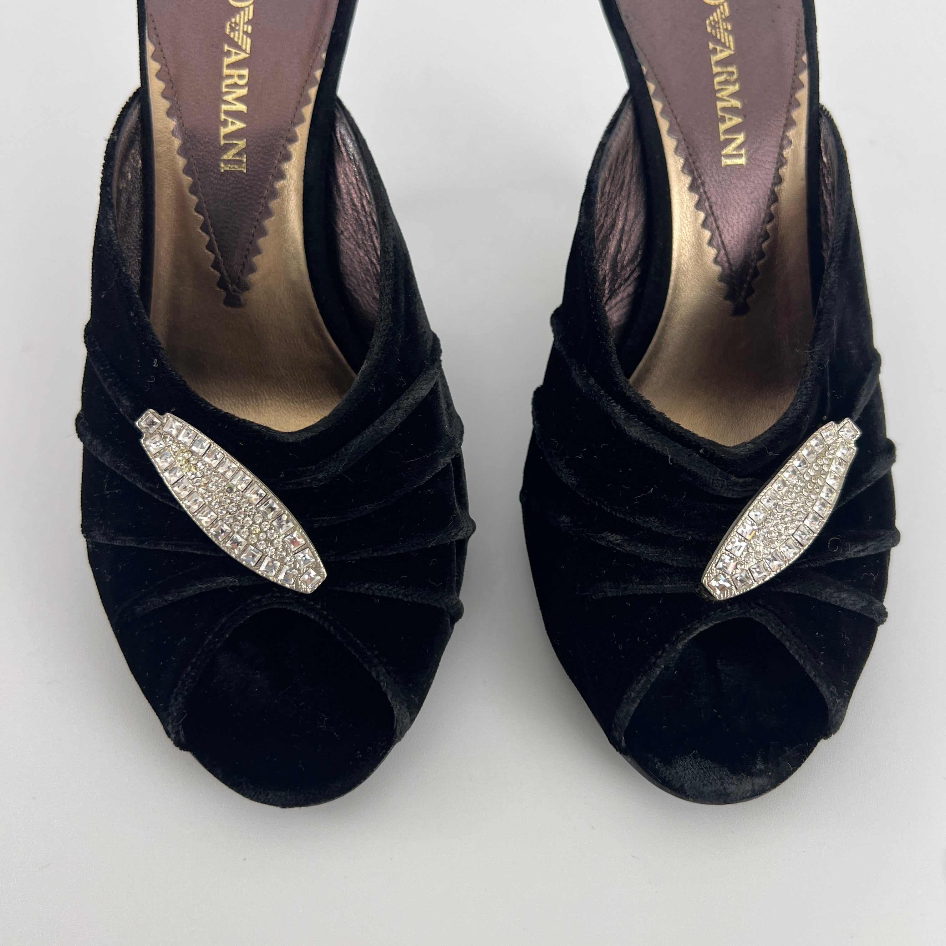 Armani | Black Velvet Crystal Brooch Slide Mules (36)