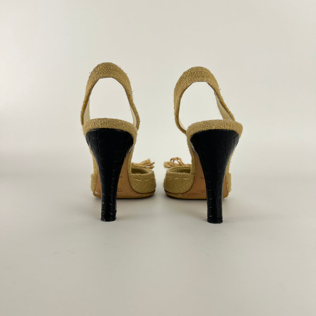 Prada | S/S 2004 Vintage Runway Look Burlap Black Leather Cap Slingback Heels (35)