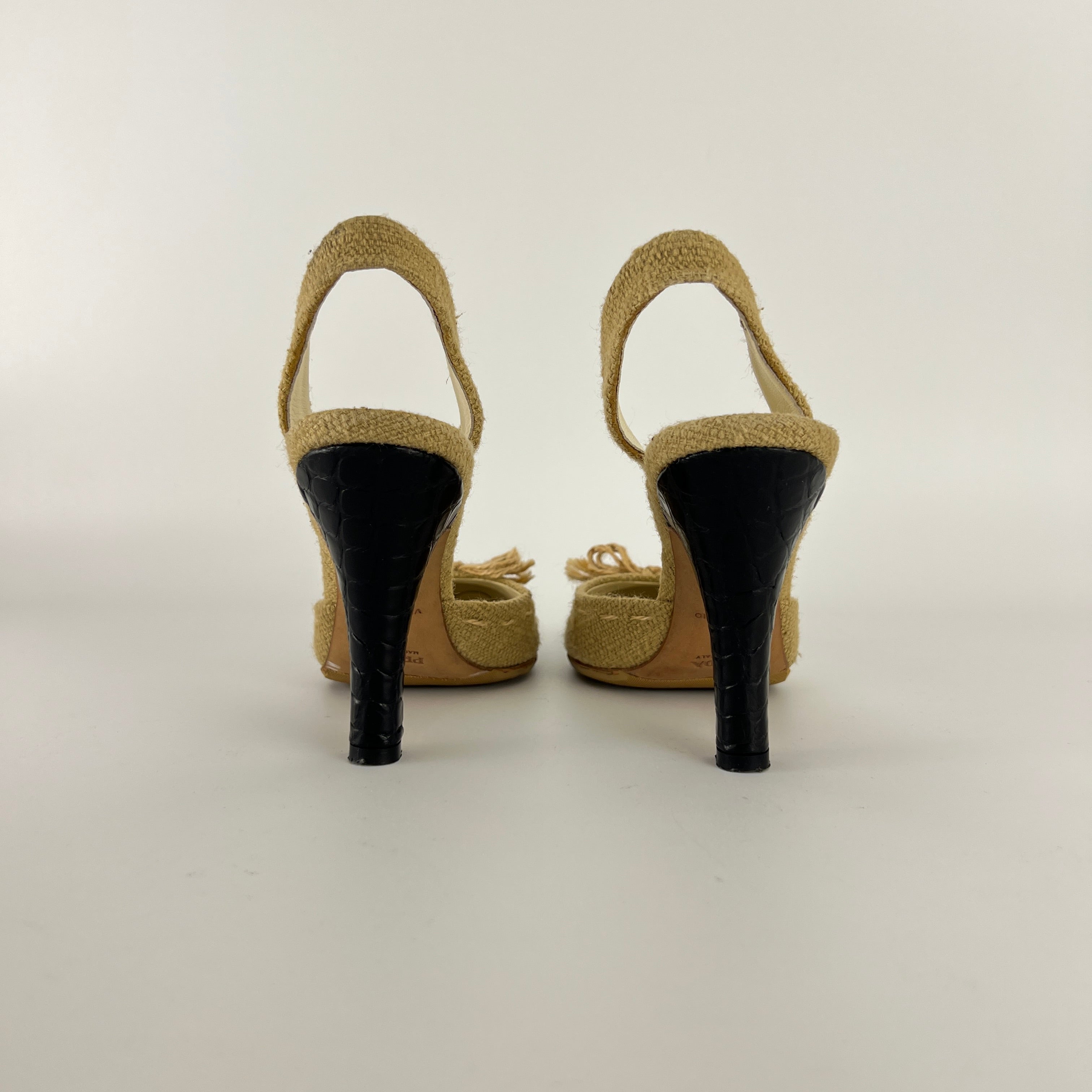 Prada | S/S 2004 Vintage Runway Look Burlap Black Leather Cap Slingback Heels (35)