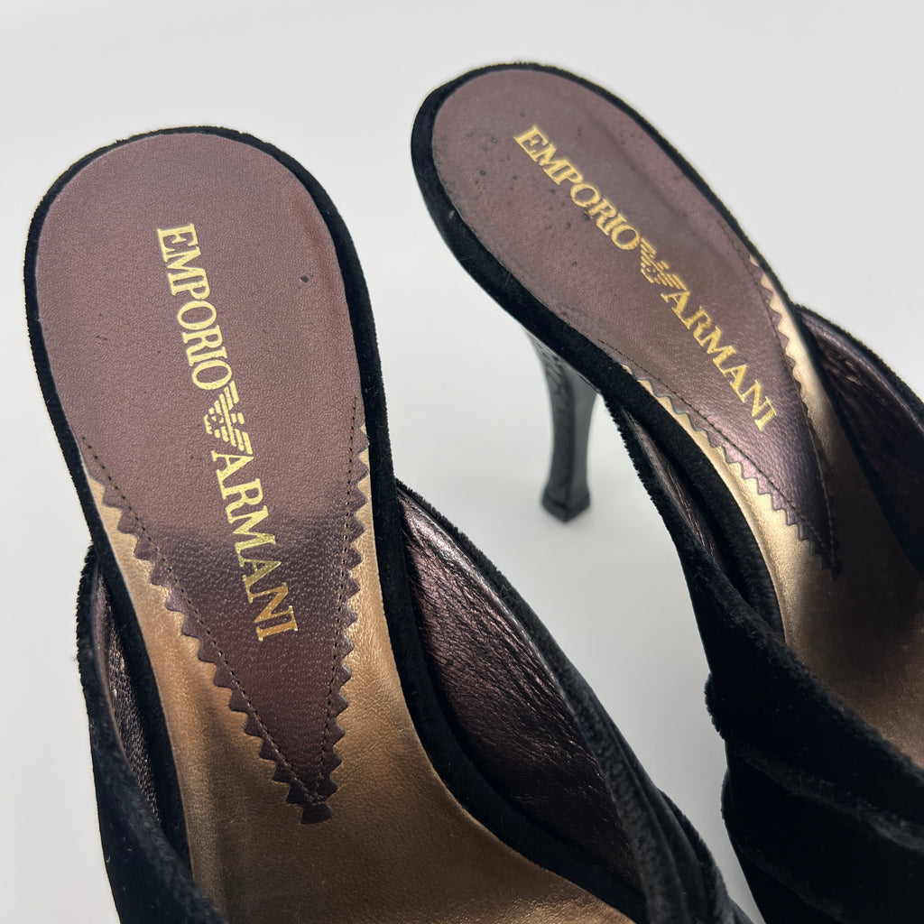 Armani | Black Velvet Crystal Brooch Slide Mules (36)