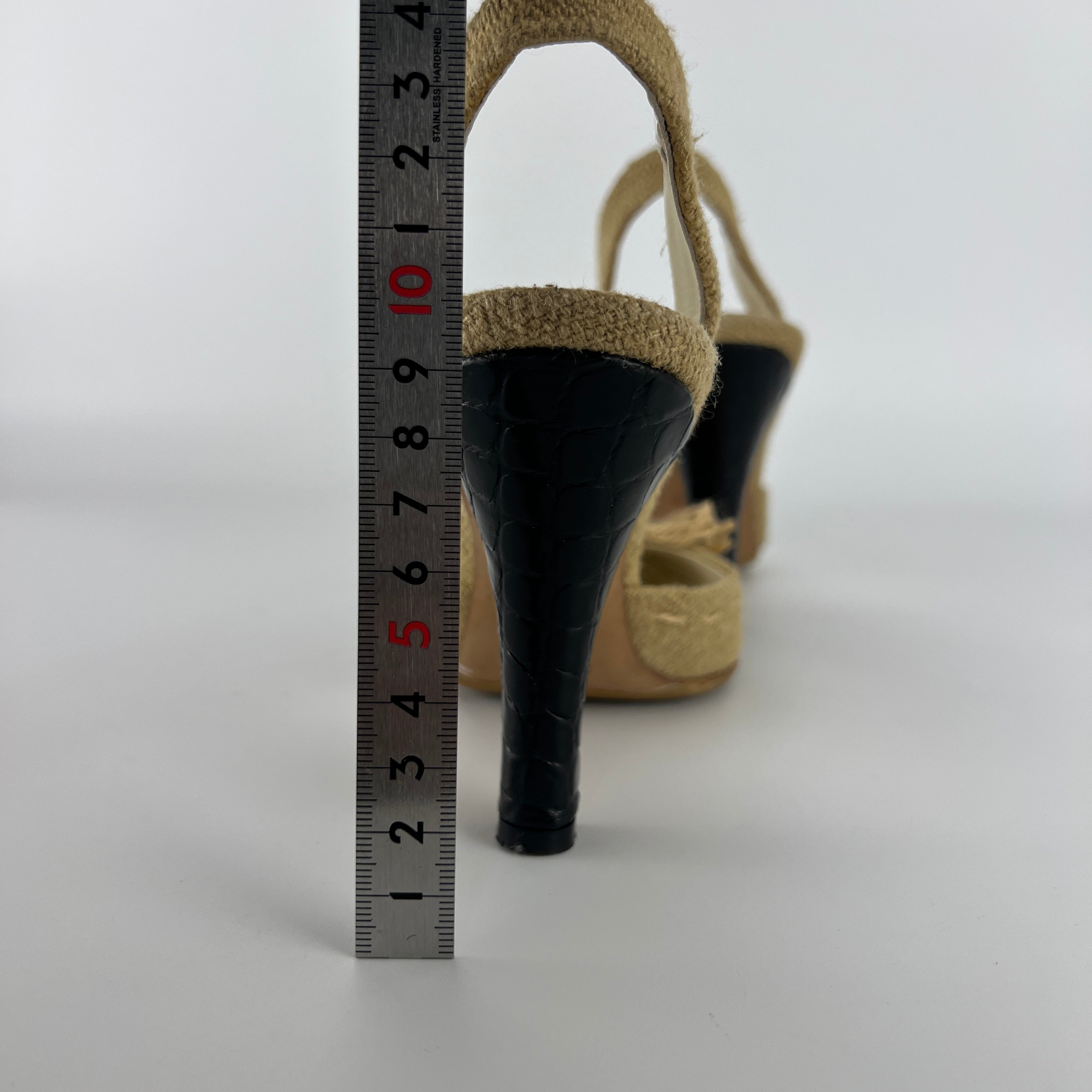 Prada | S/S 2004 Vintage Runway Look Burlap Black Leather Cap Slingback Heels (35)