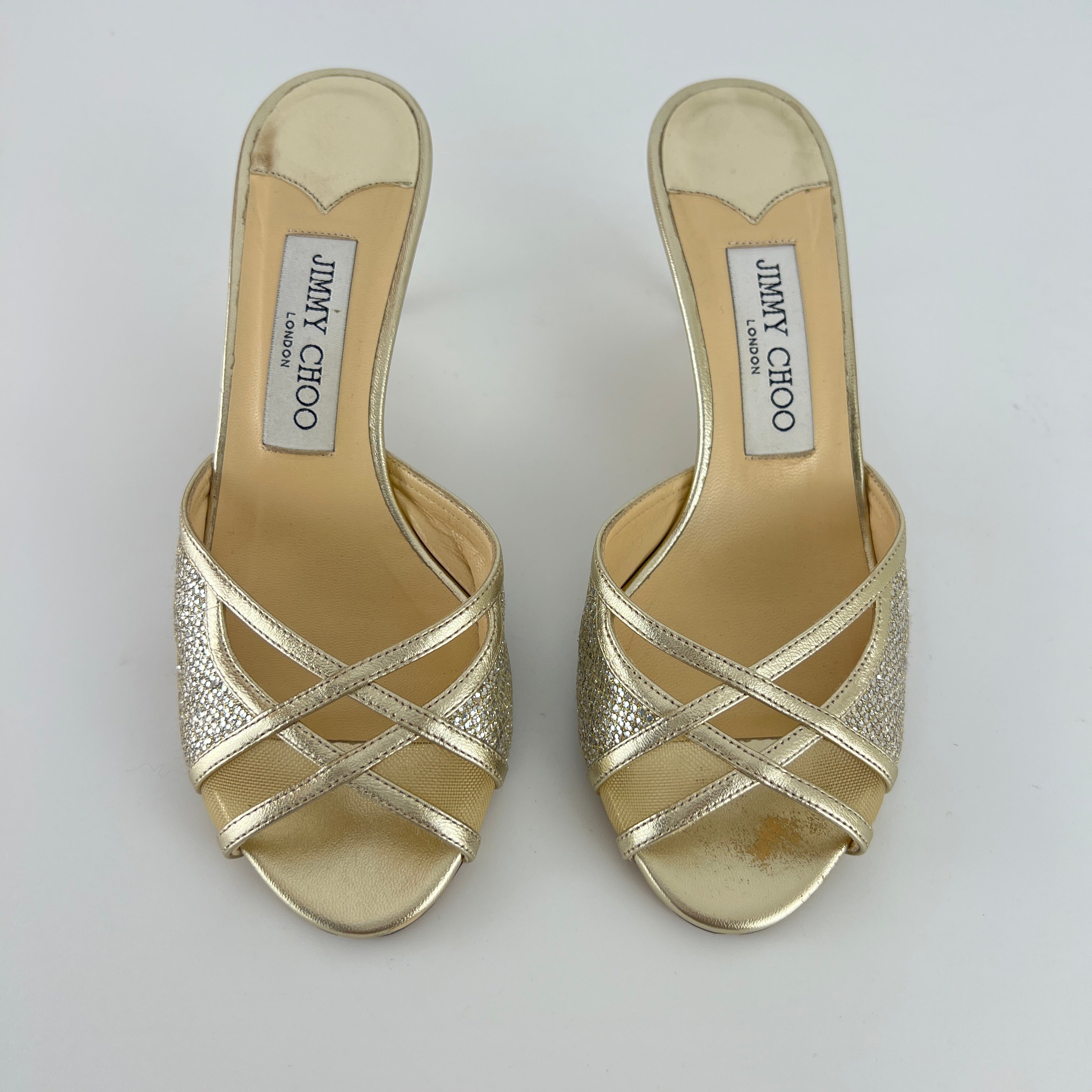 Jimmy Choo | Metallic Gold Leather Glitter Cut Out Slide Mules (36)