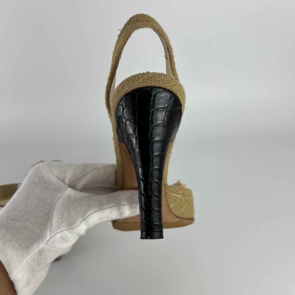 Prada | S/S 2004 Vintage Runway Look Burlap Black Leather Cap Slingback Heels (35)