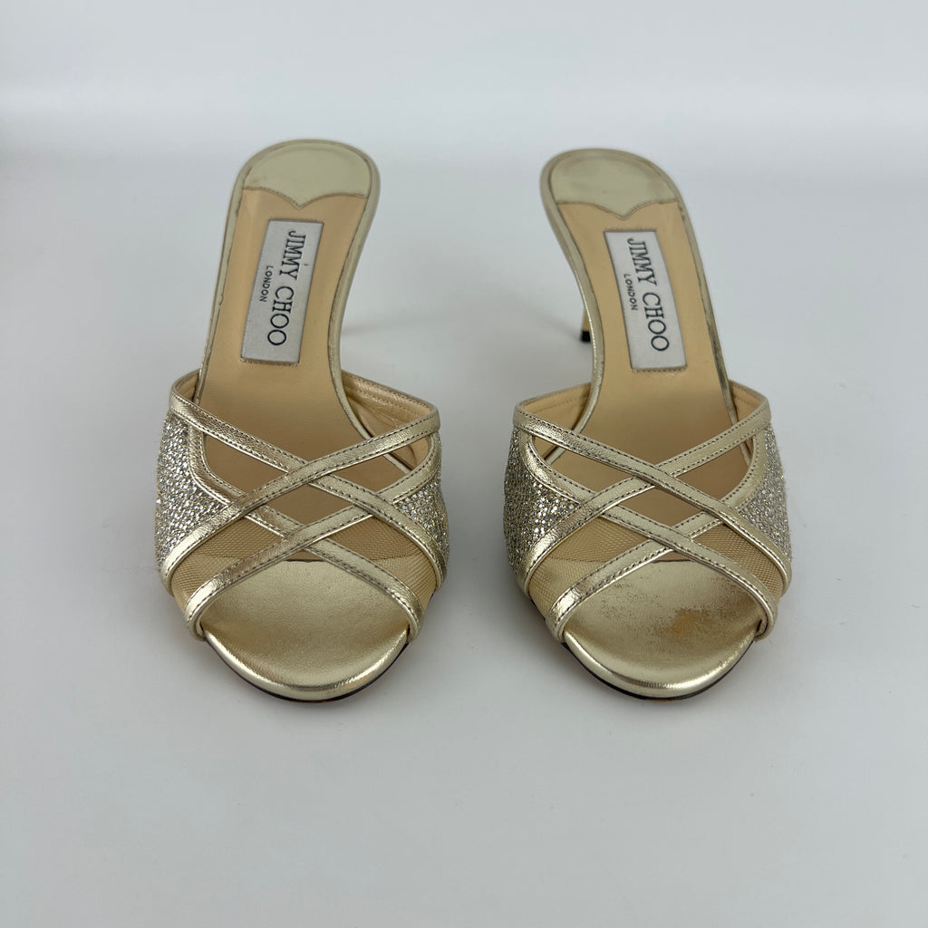 Jimmy Choo | Metallic Gold Leather Glitter Cut Out Slide Mules (36)