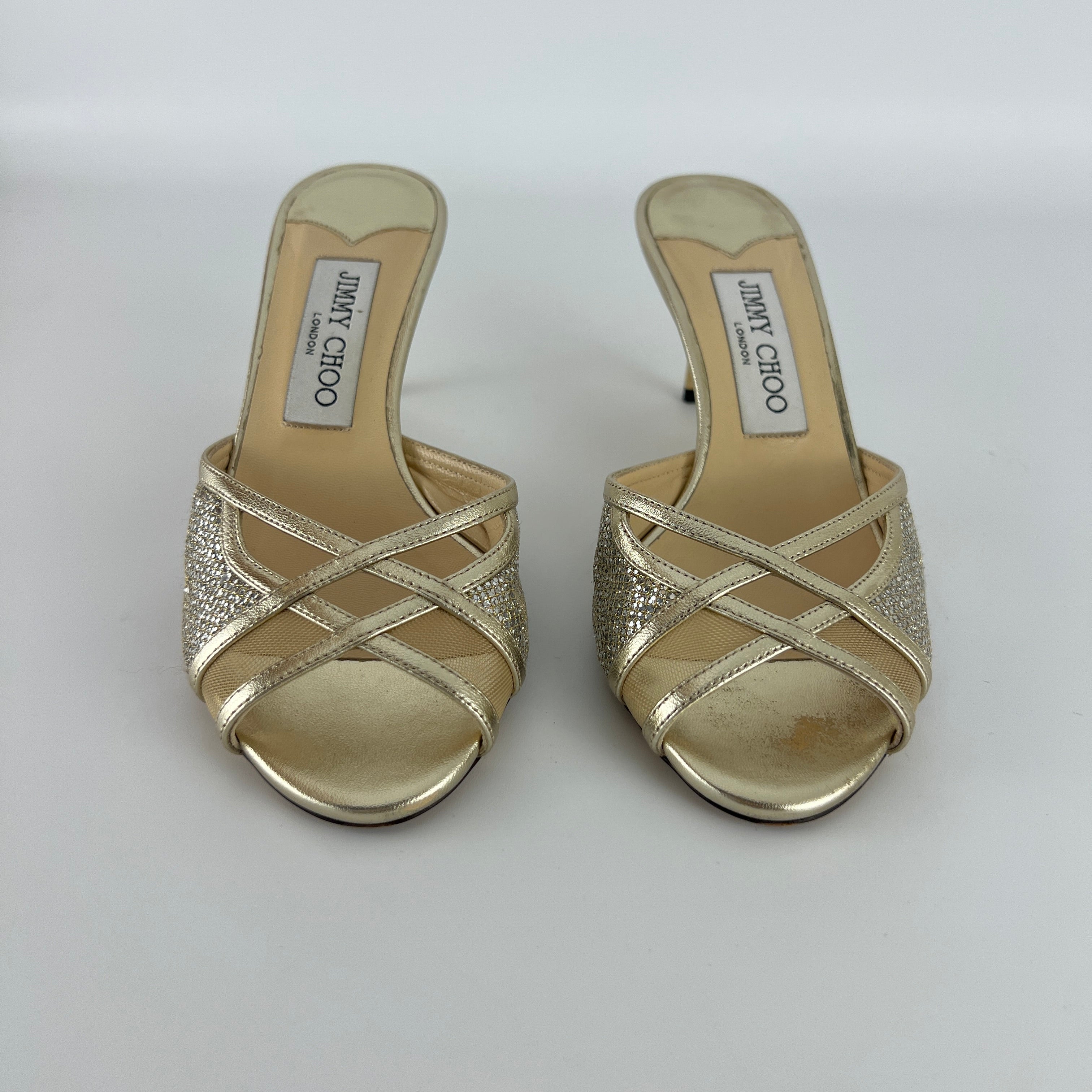 Jimmy Choo | Metallic Gold Leather Glitter Cut Out Slide Mules (36)