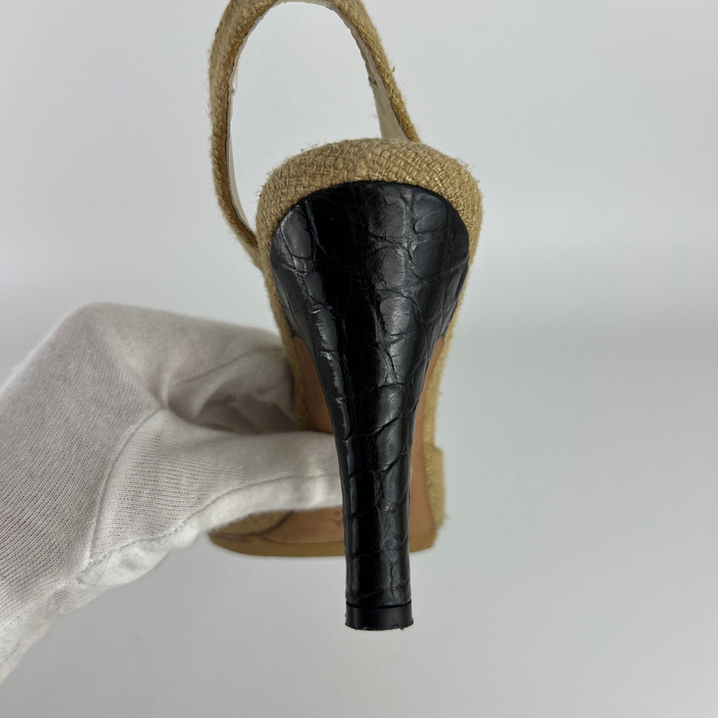 Prada | S/S 2004 Vintage Runway Look Burlap Black Leather Cap Slingback Heels (35)