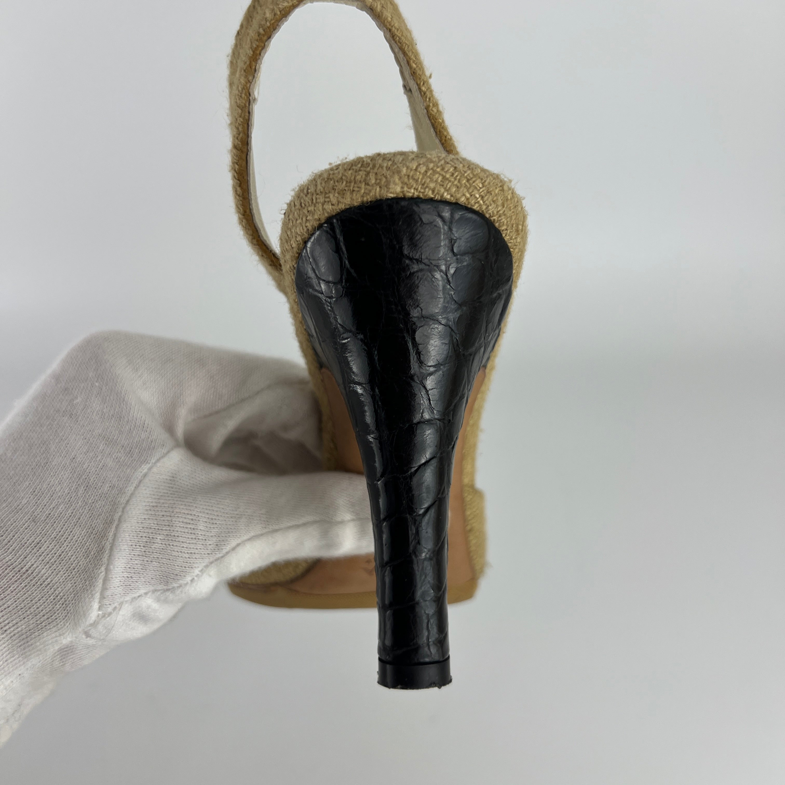 Prada | S/S 2004 Vintage Runway Look Burlap Black Leather Cap Slingback Heels (35)