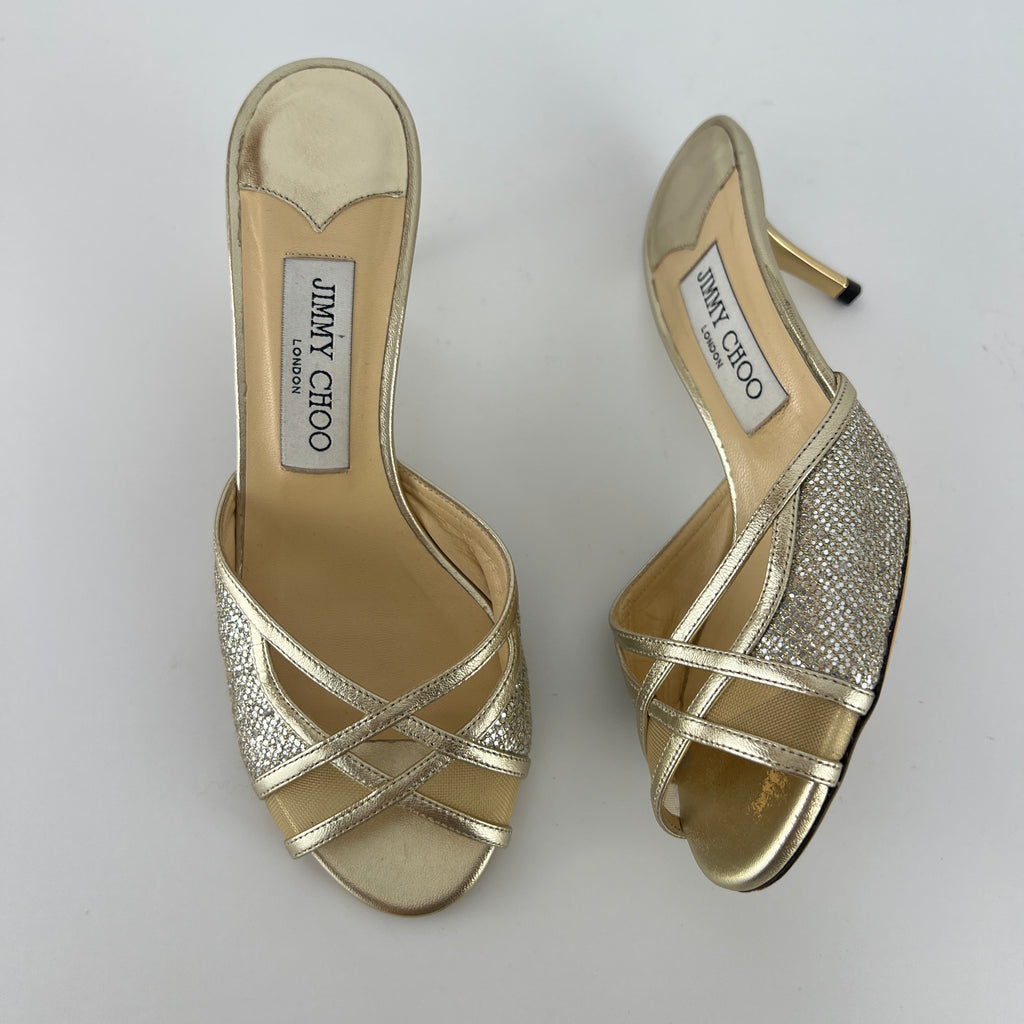 Jimmy Choo | Metallic Gold Leather Glitter Cut Out Slide Mules (36)