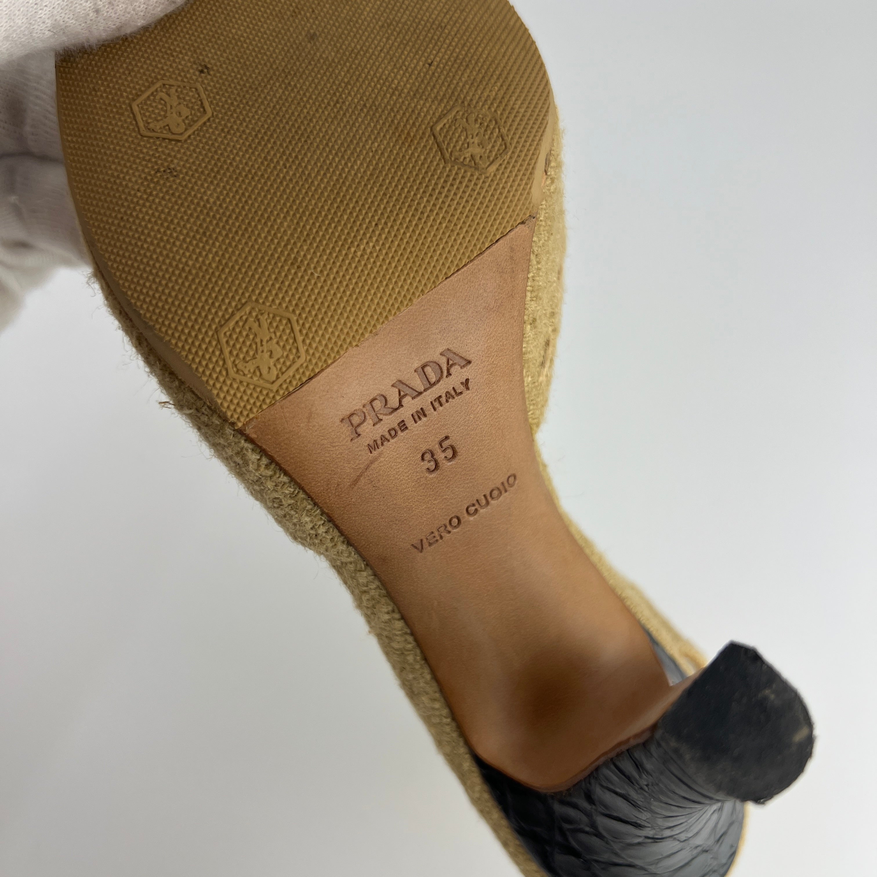 Prada | S/S 2004 Vintage Runway Look Burlap Black Leather Cap Slingback Heels (35)