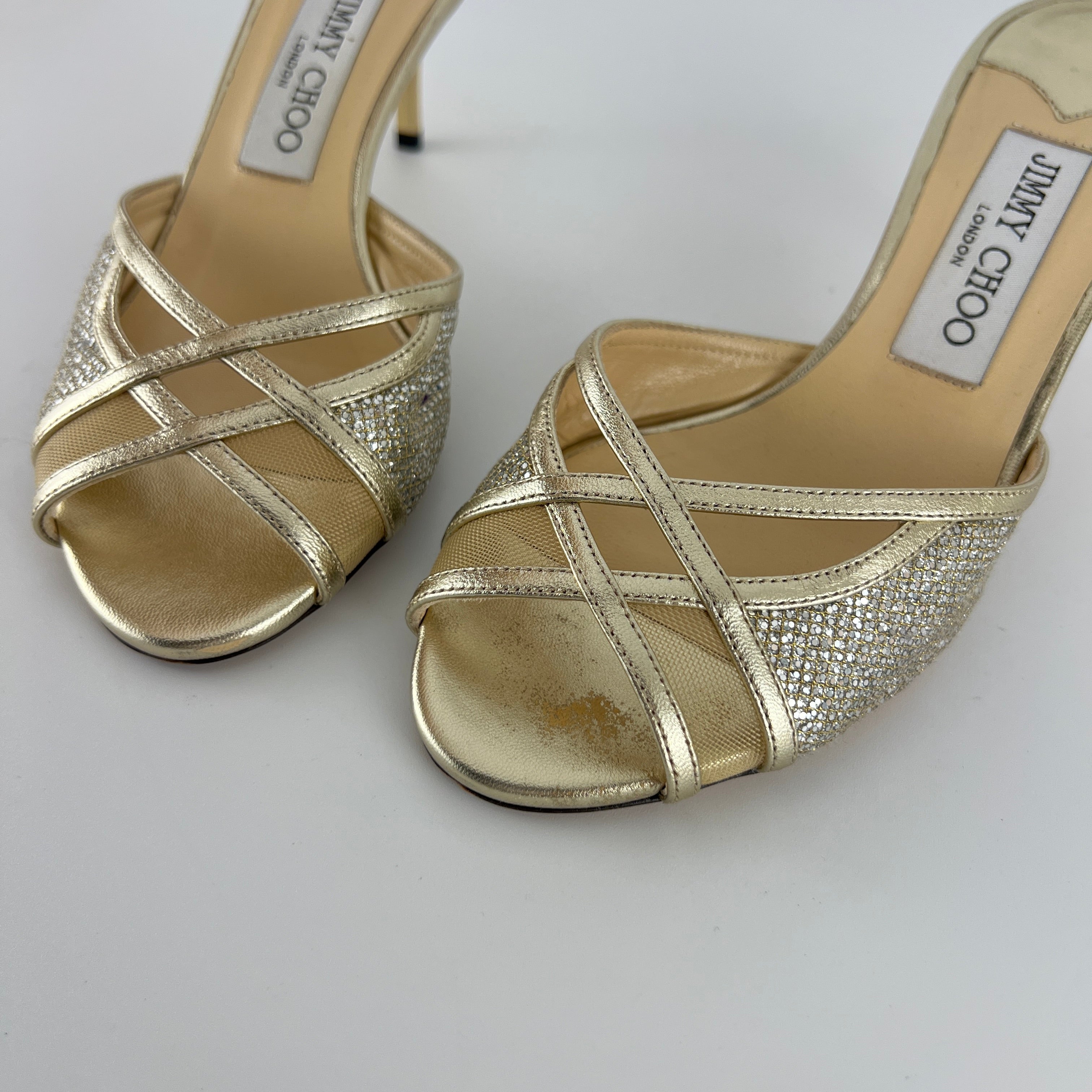 Jimmy Choo | Metallic Gold Leather Glitter Cut Out Slide Mules (36)