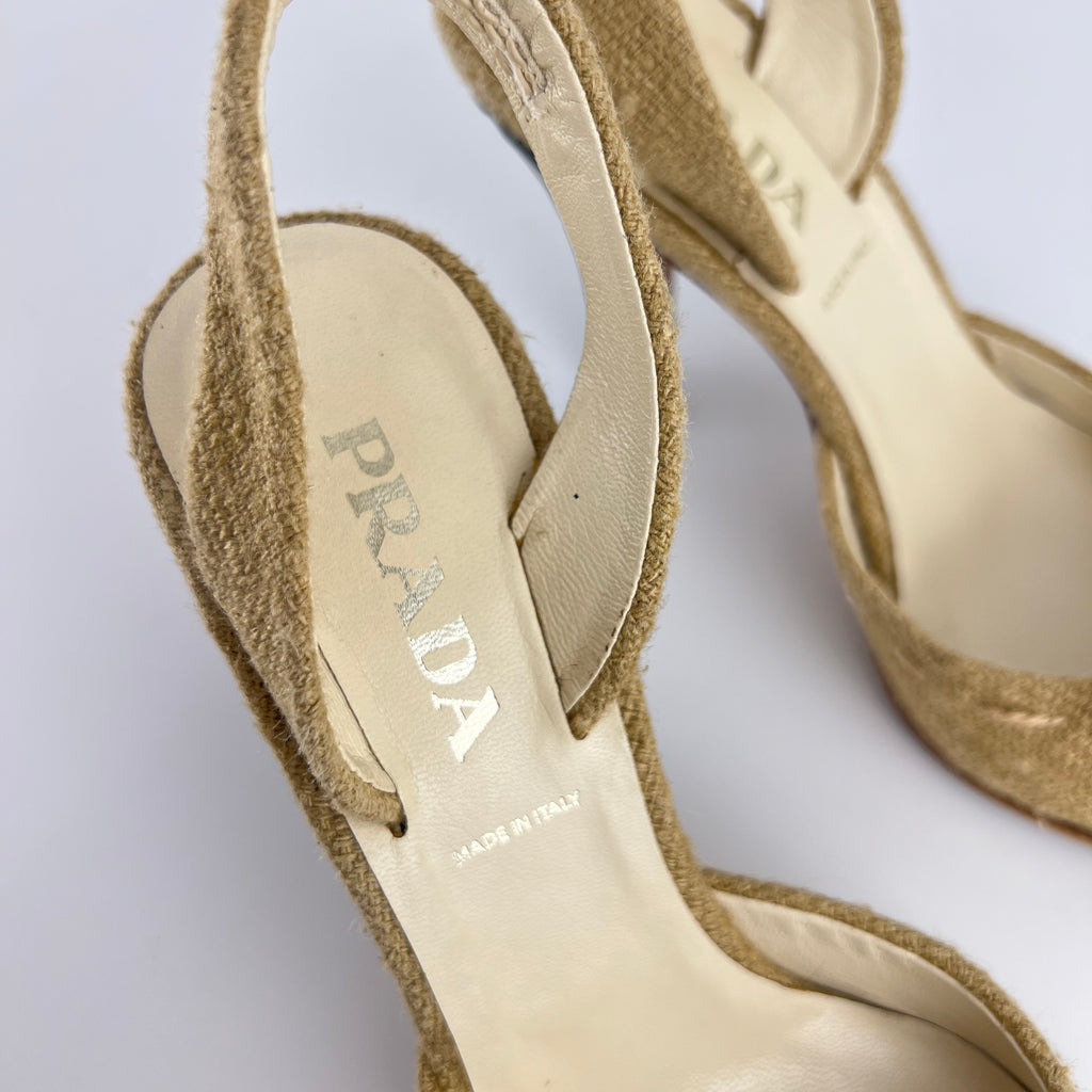 Prada | S/S 2004 Vintage Runway Look Burlap Black Leather Cap Slingback Heels (35)