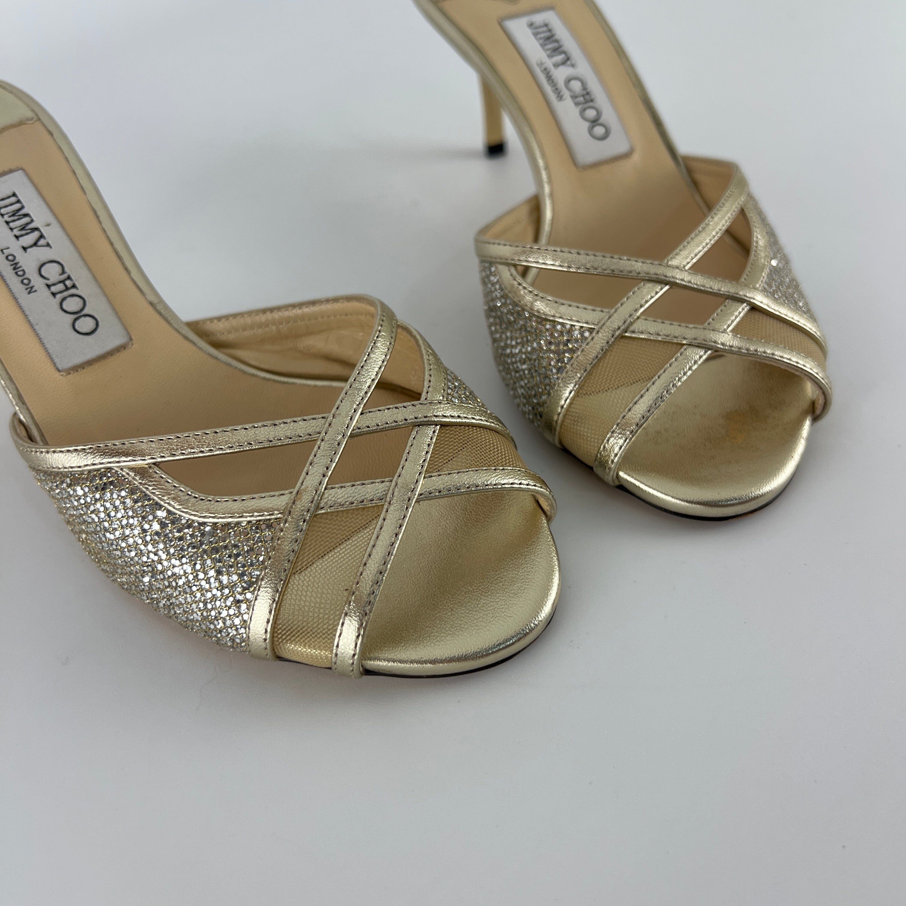 Jimmy Choo | Metallic Gold Leather Glitter Cut Out Slide Mules (36)