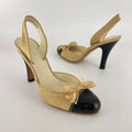 Prada | S/S 2004 Vintage Runway Look Burlap Black Leather Cap Slingback Heels (35)