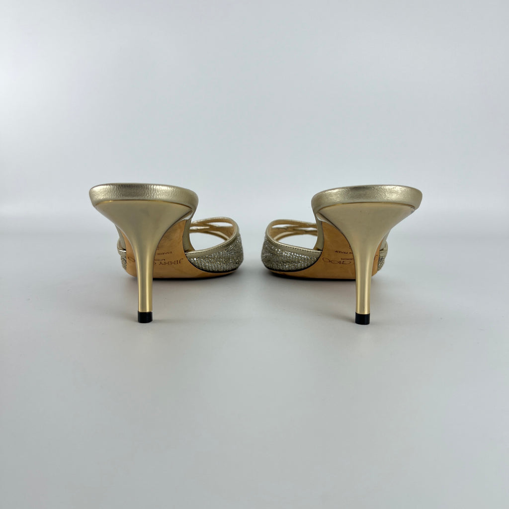 Jimmy Choo | Metallic Gold Leather Glitter Cut Out Slide Mules (36)