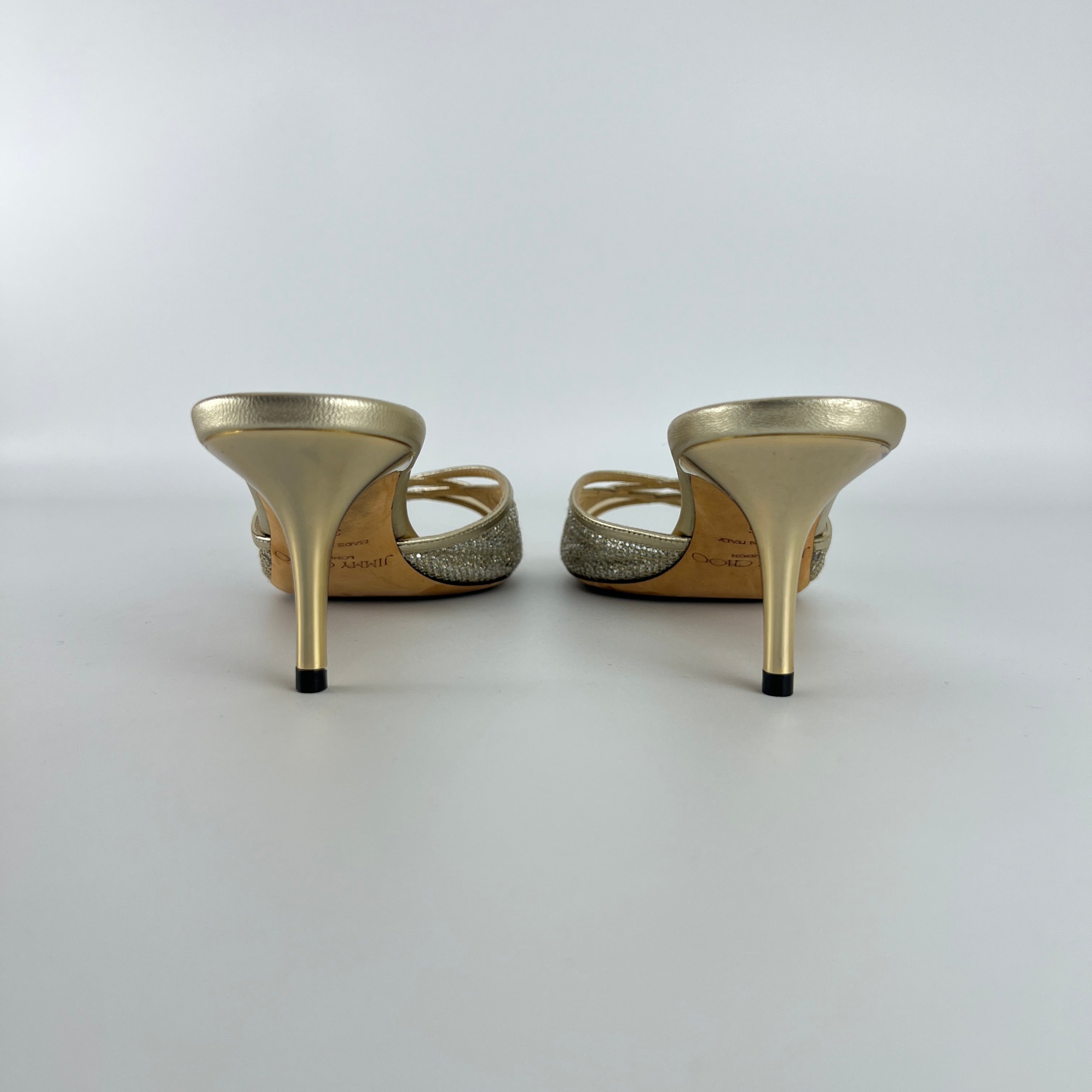 Jimmy Choo | Metallic Gold Leather Glitter Cut Out Slide Mules (36)
