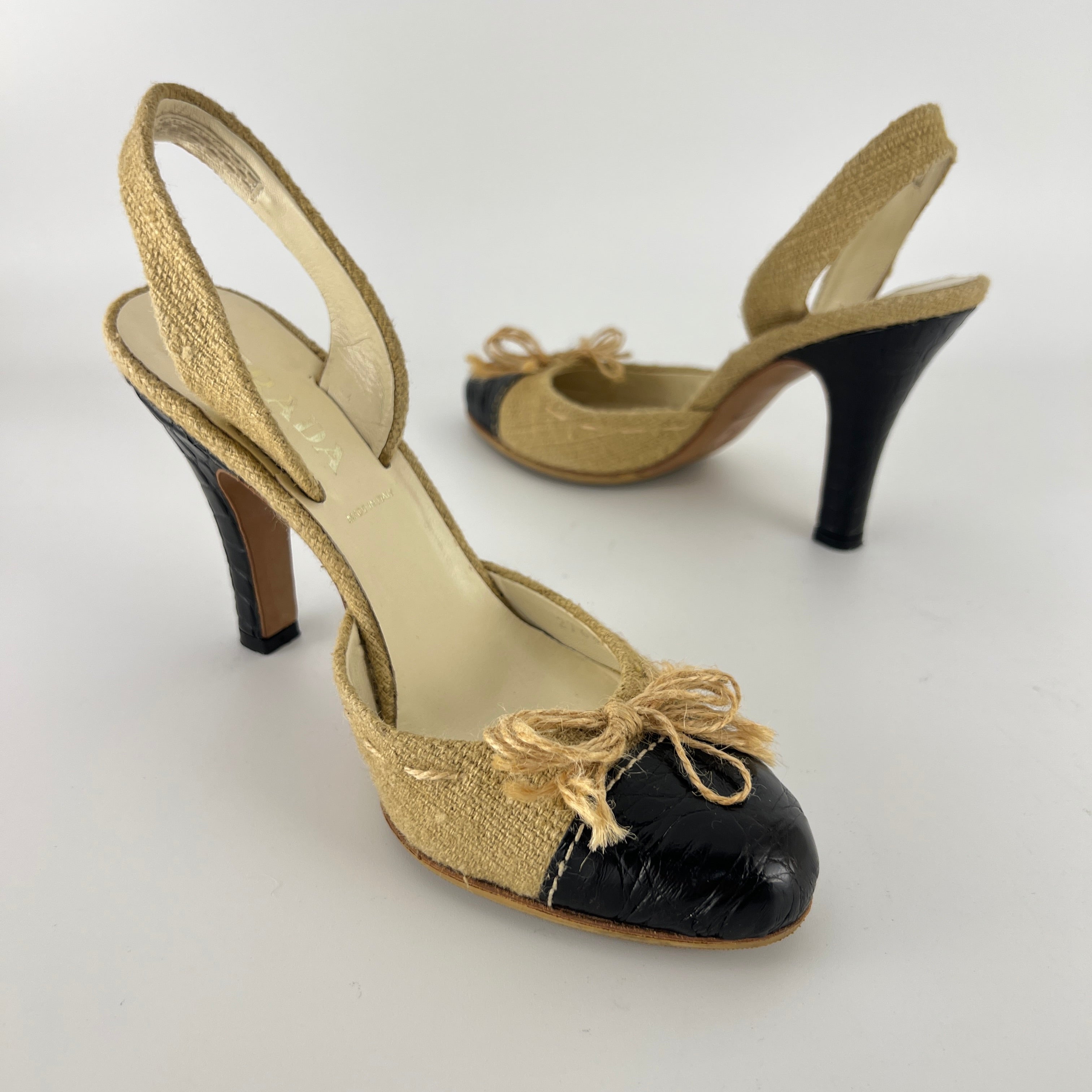 Prada | S/S 2004 Vintage Runway Look Burlap Black Leather Cap Slingback Heels (35)