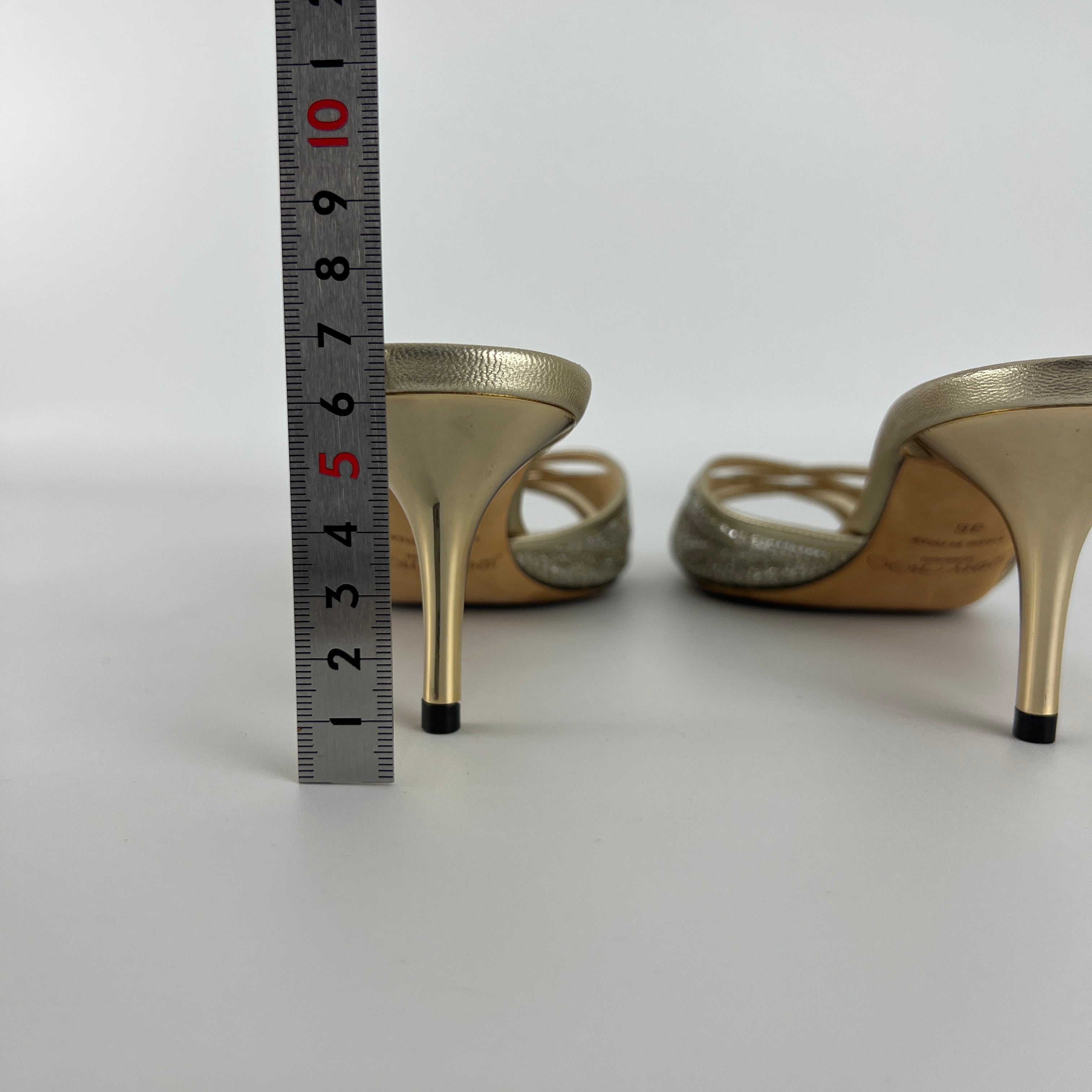 Jimmy Choo | Metallic Gold Leather Glitter Cut Out Slide Mules (36)