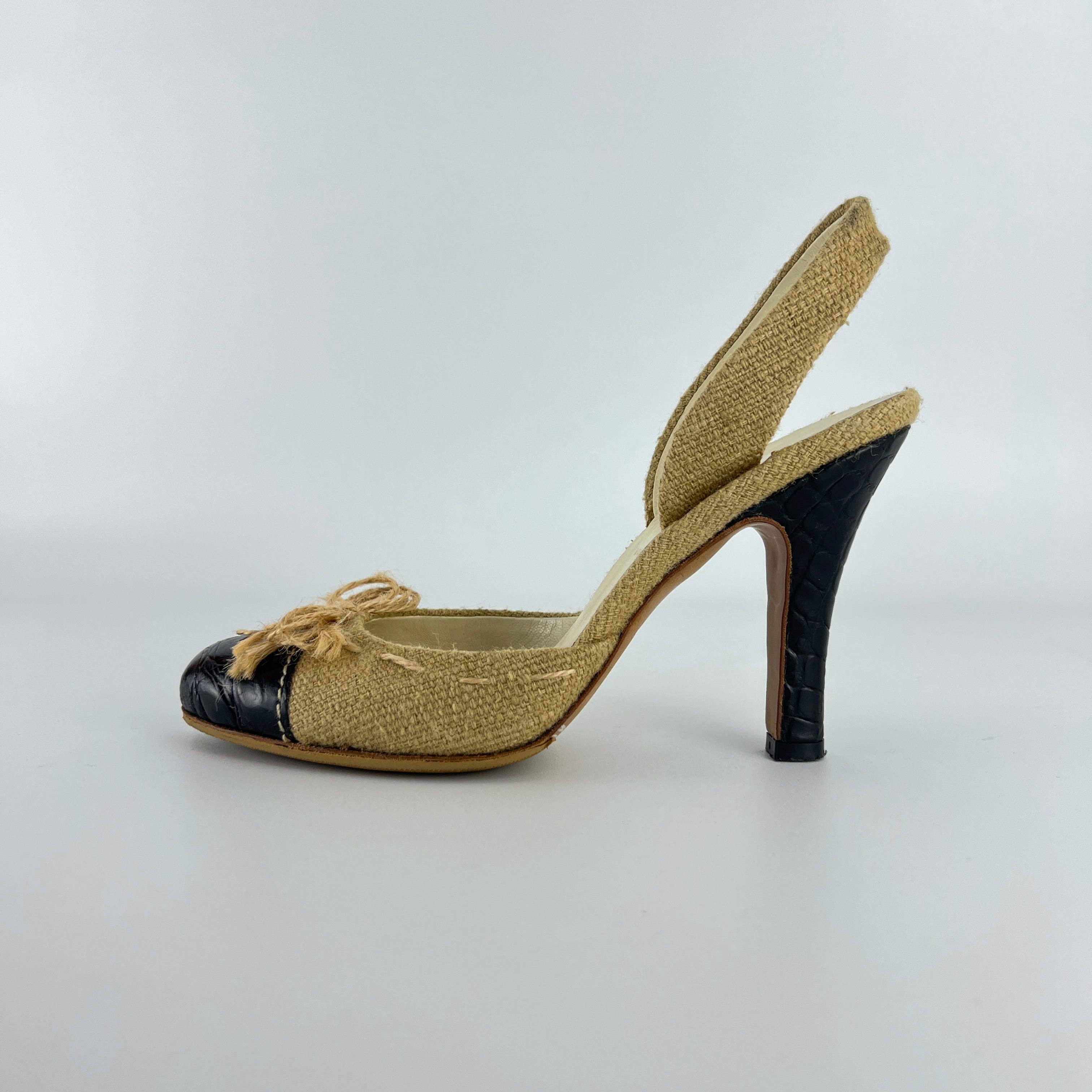 Prada | S/S 2004 Vintage Runway Look Burlap Black Leather Cap Slingback Heels (35)