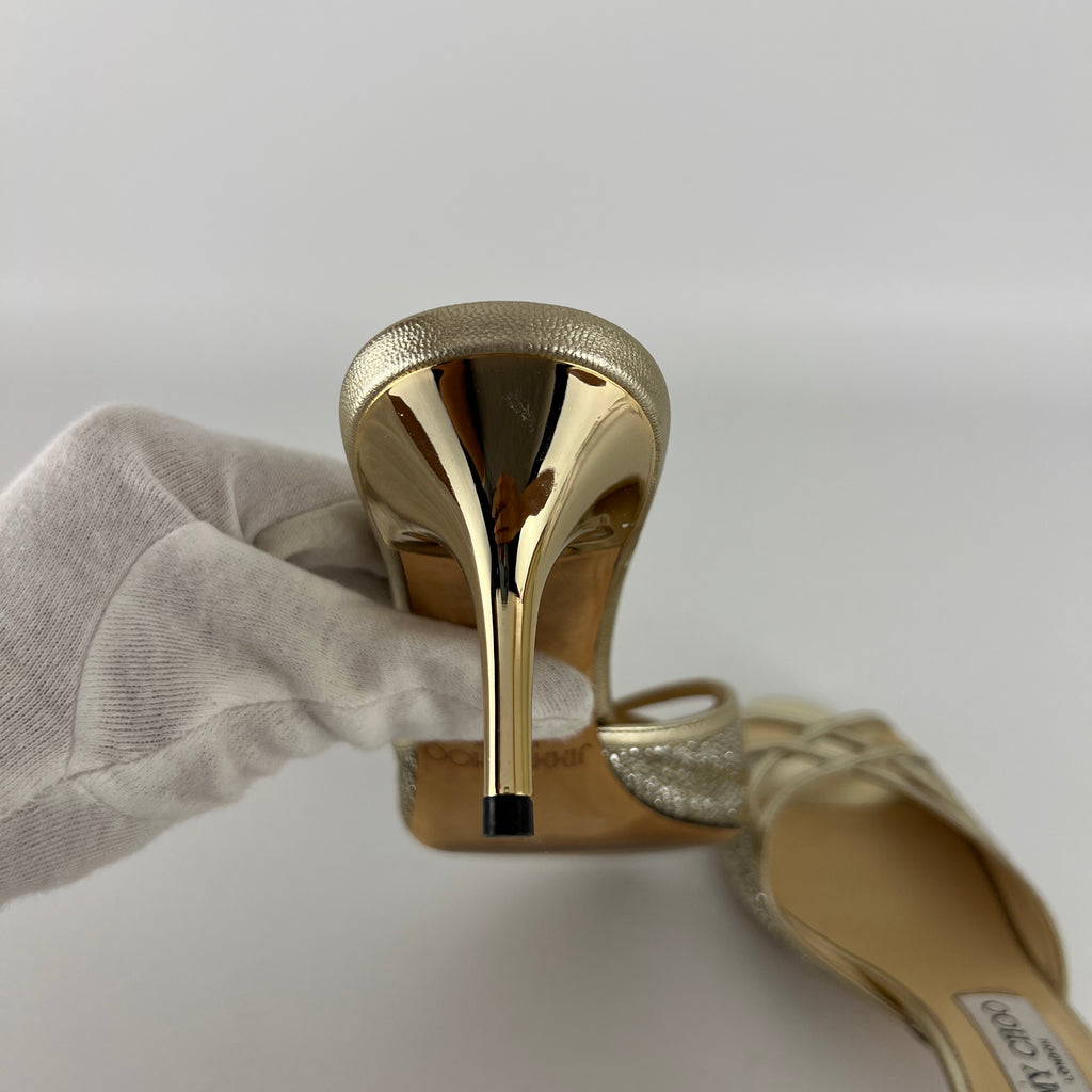 Jimmy Choo | Metallic Gold Leather Glitter Cut Out Slide Mules (36)