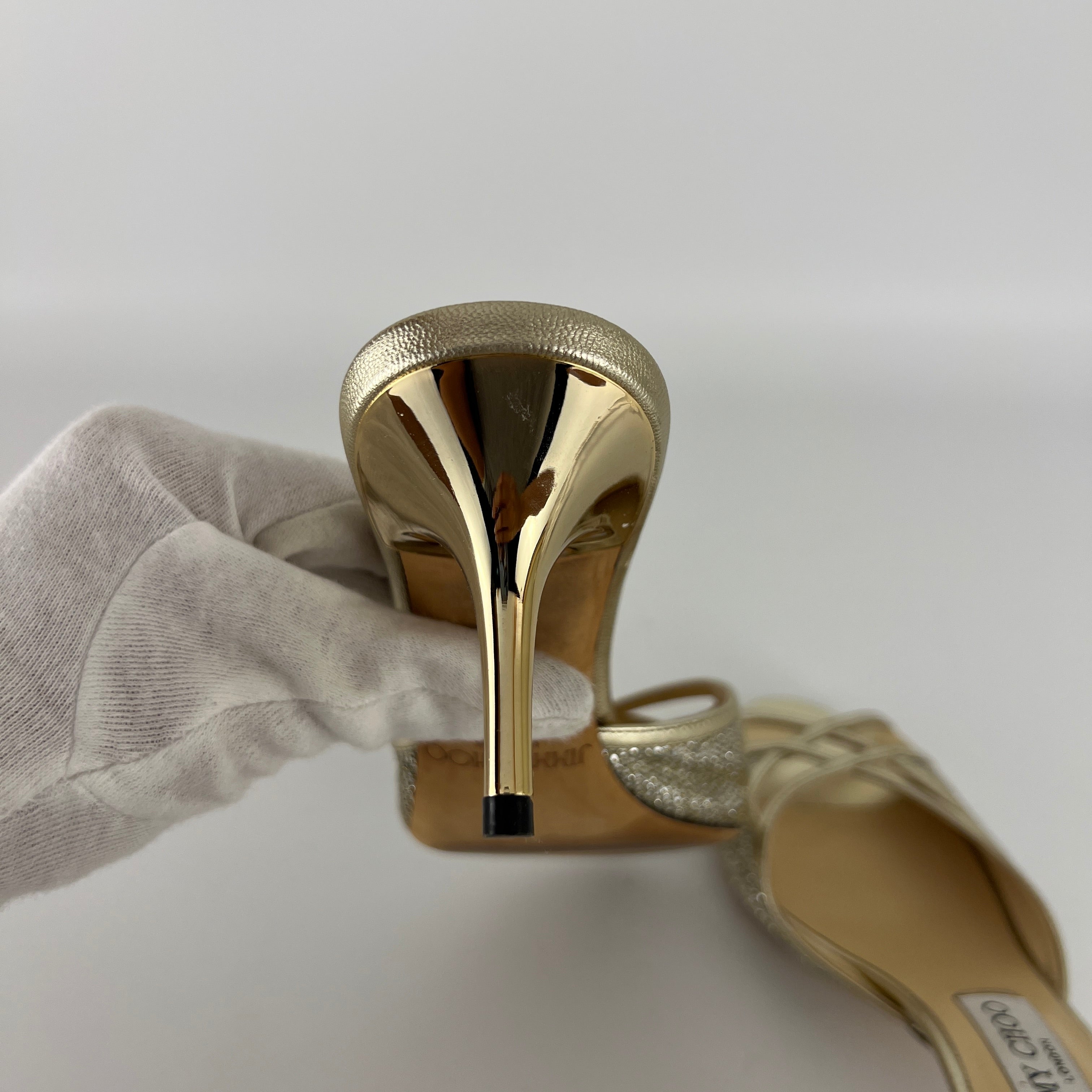 Jimmy Choo | Metallic Gold Leather Glitter Cut Out Slide Mules (36)