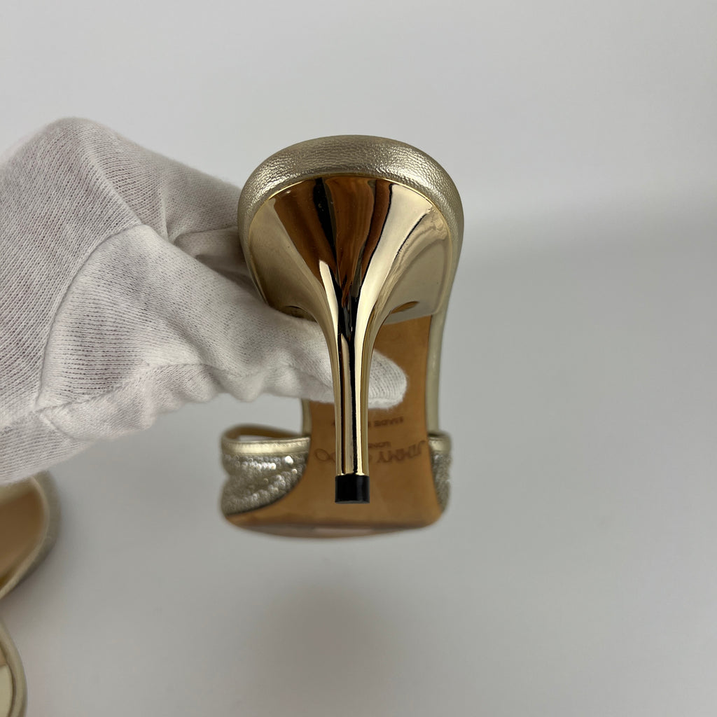 Jimmy Choo | Metallic Gold Leather Glitter Cut Out Slide Mules (36)