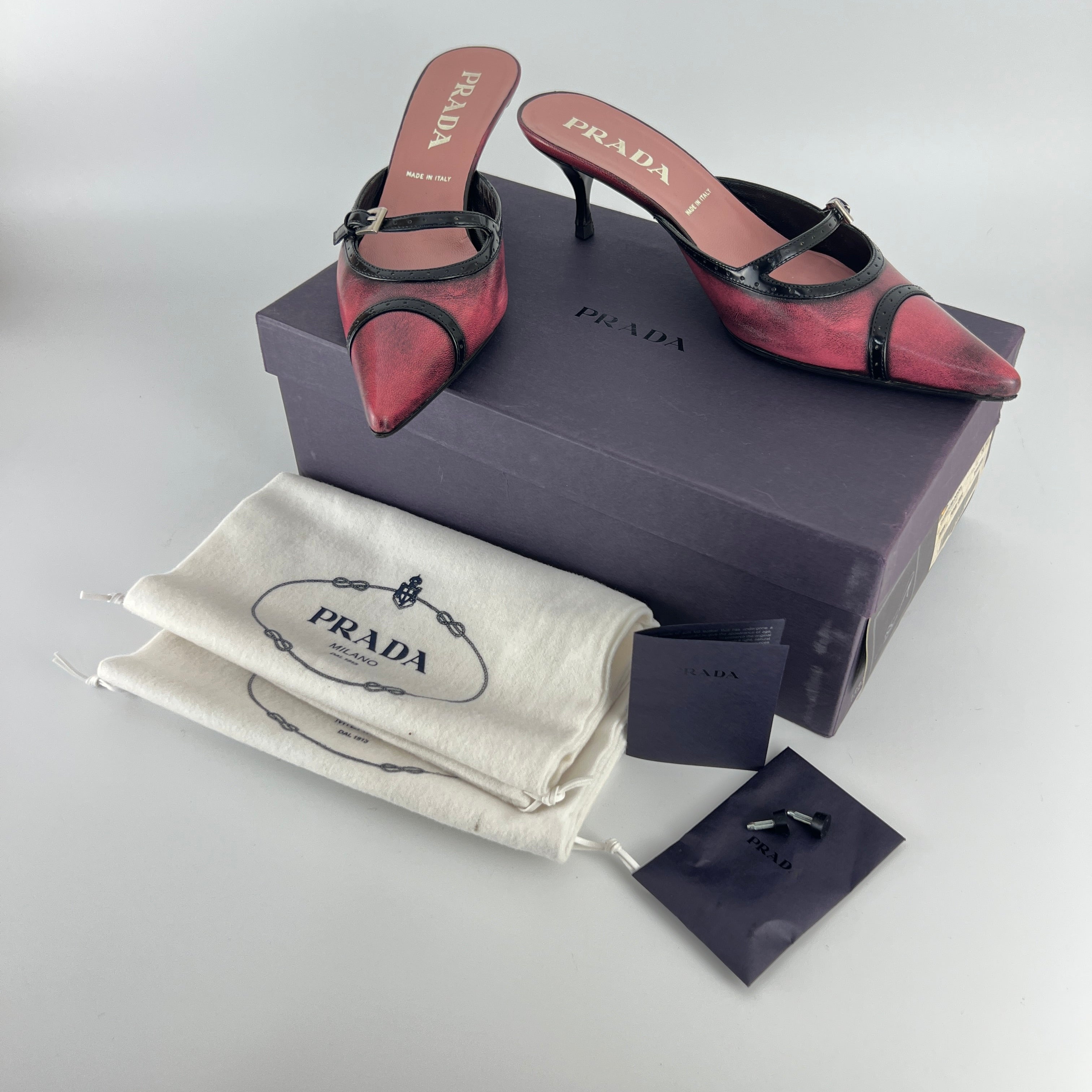 Prada | Vintage Red Black Leather Buckle Strap Pointed Toe Slide Mule (36.5)