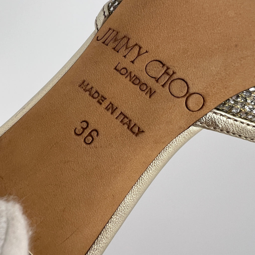Jimmy Choo | Metallic Gold Leather Glitter Cut Out Slide Mules (36)