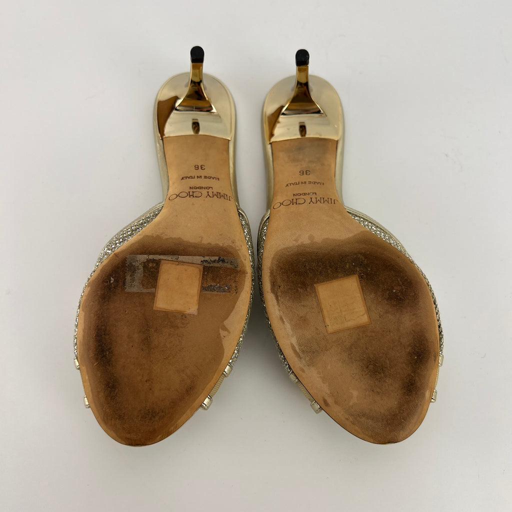 Jimmy Choo | Metallic Gold Leather Glitter Cut Out Slide Mules (36)