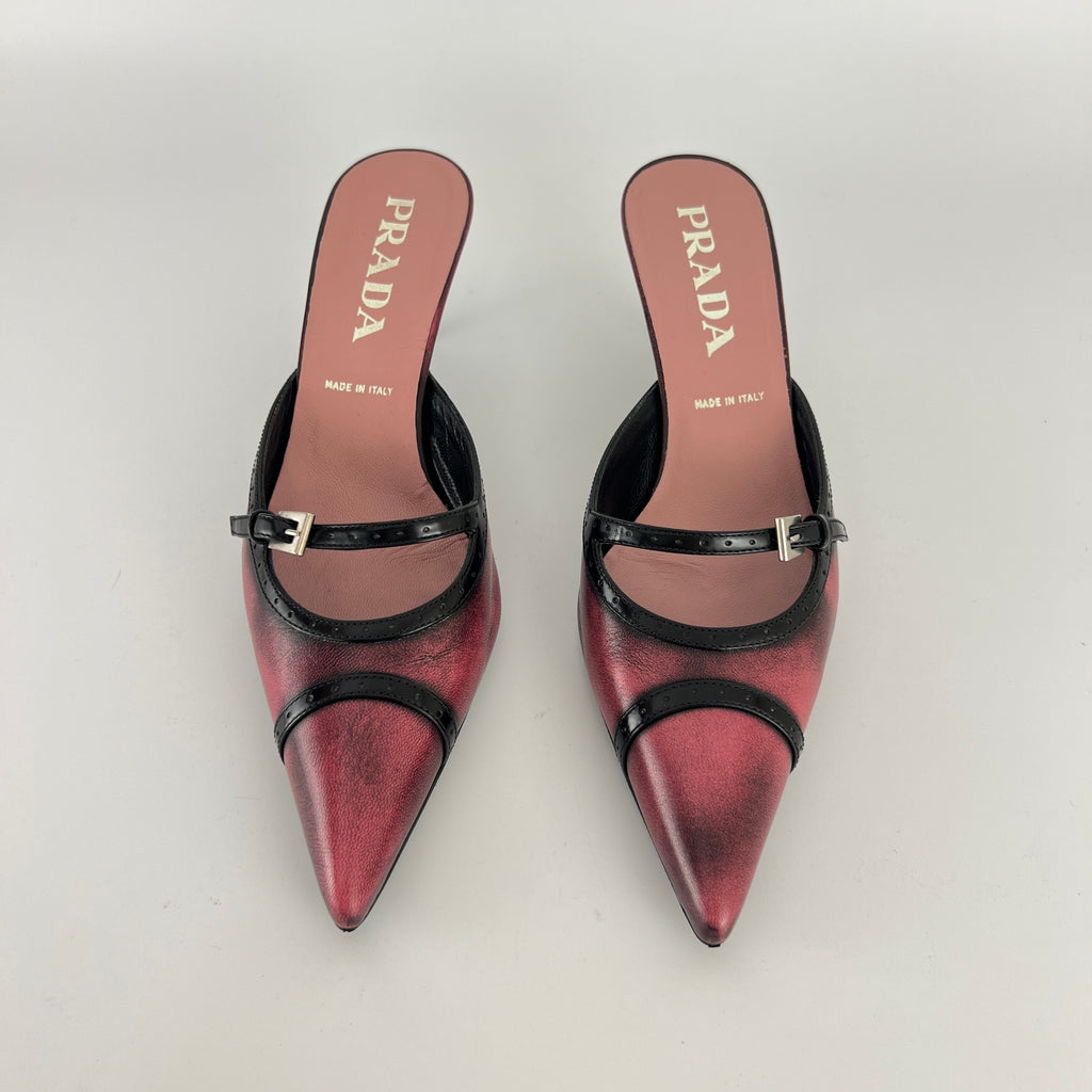 Prada | Vintage Red Black Leather Buckle Strap Pointed Toe Slide Mule (36.5)