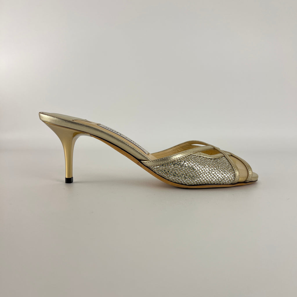 Jimmy Choo | Metallic Gold Leather Glitter Cut Out Slide Mules (36)