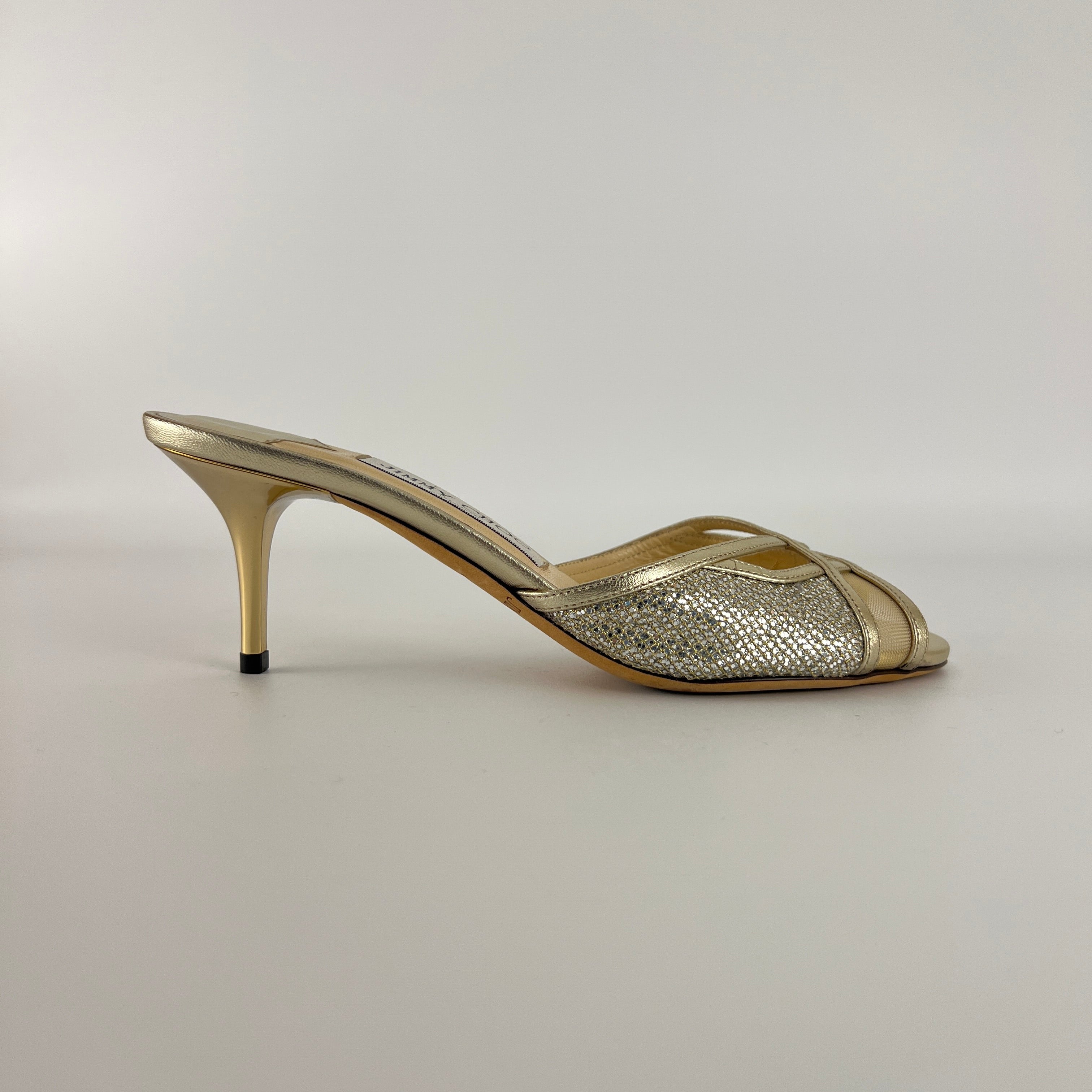 Jimmy Choo | Metallic Gold Leather Glitter Cut Out Slide Mules (36)