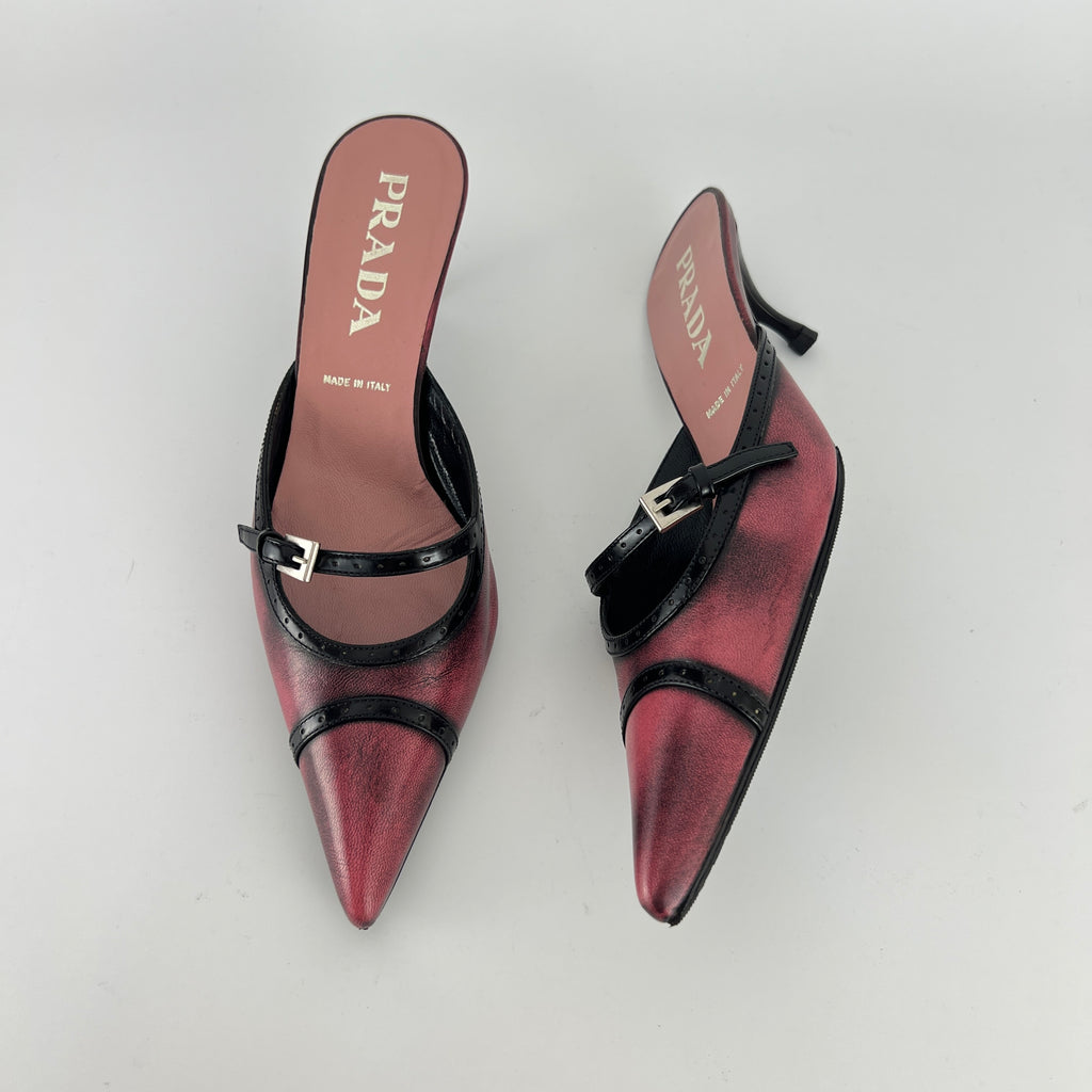 Prada | Vintage Red Black Leather Buckle Strap Pointed Toe Slide Mule (36.5)