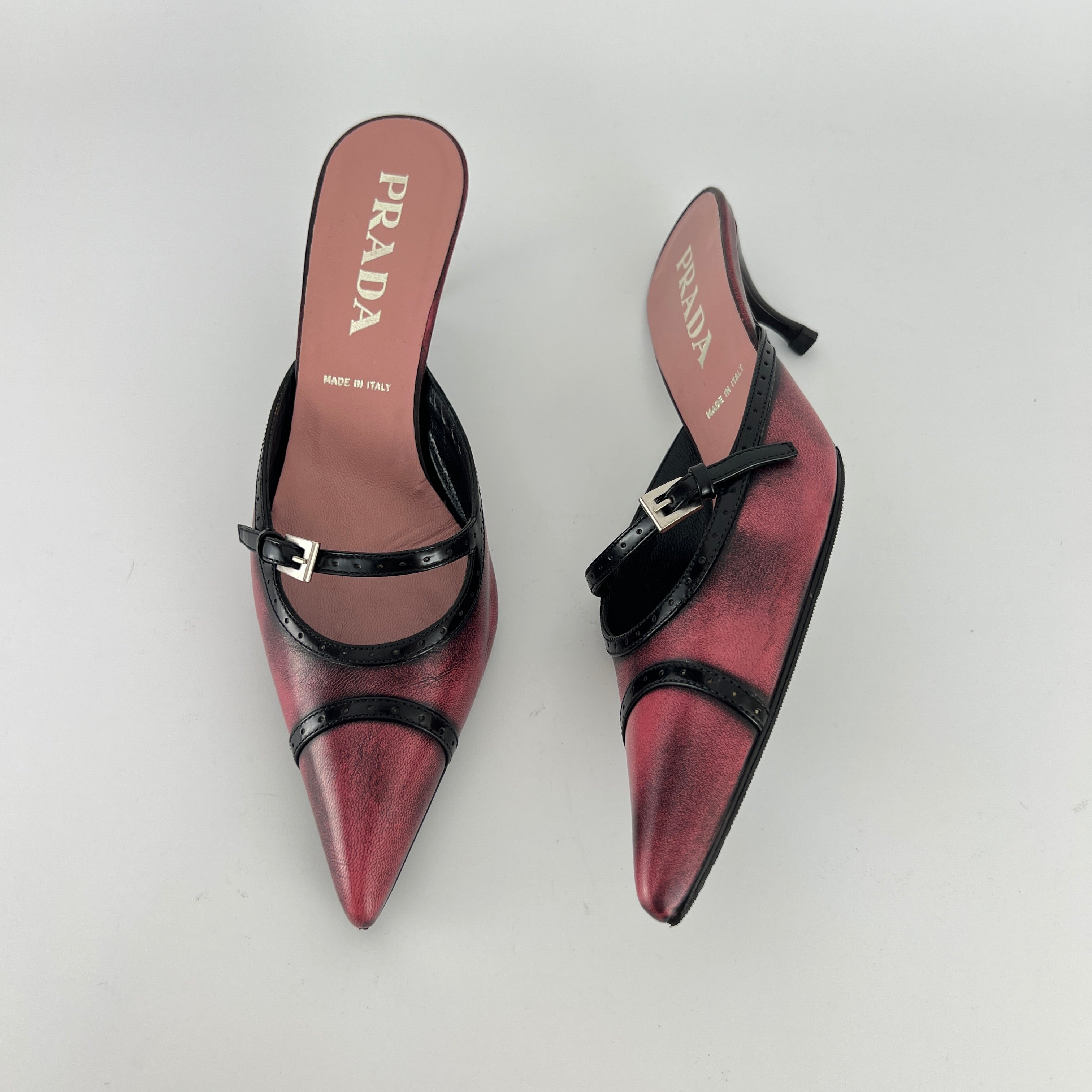 Prada | Vintage Red Black Leather Buckle Strap Pointed Toe Slide Mule (36.5)