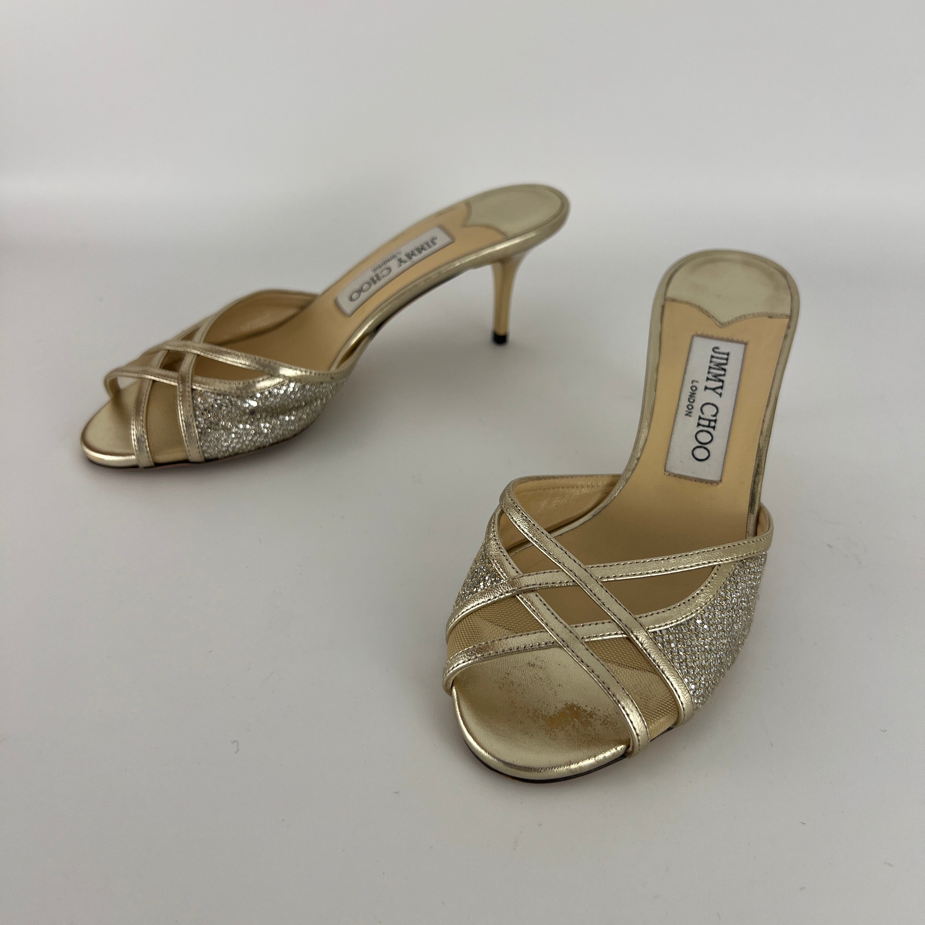 Jimmy Choo | Metallic Gold Leather Glitter Cut Out Slide Mules (36)