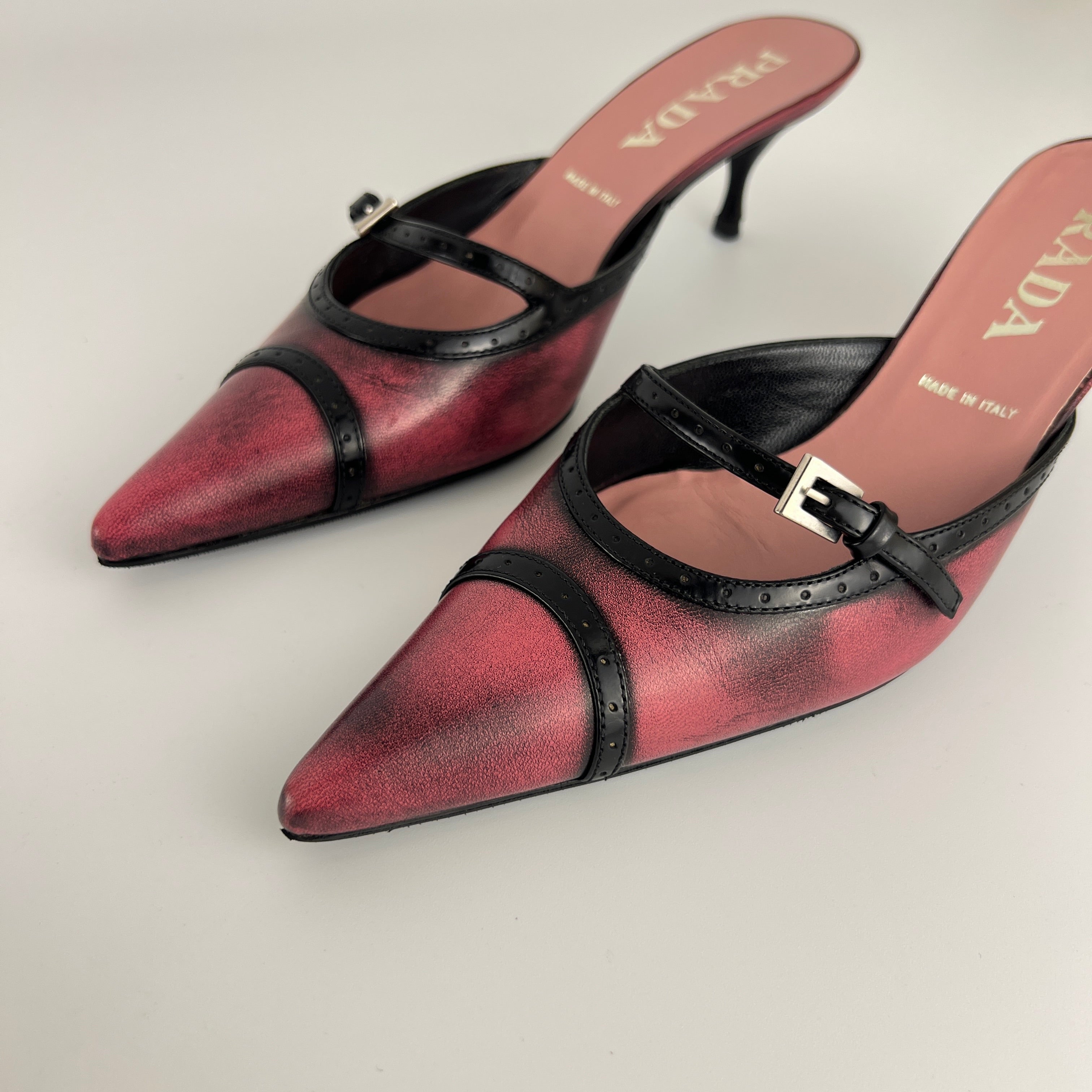 Prada | Vintage Red Black Leather Buckle Strap Pointed Toe Slide Mule (36.5)